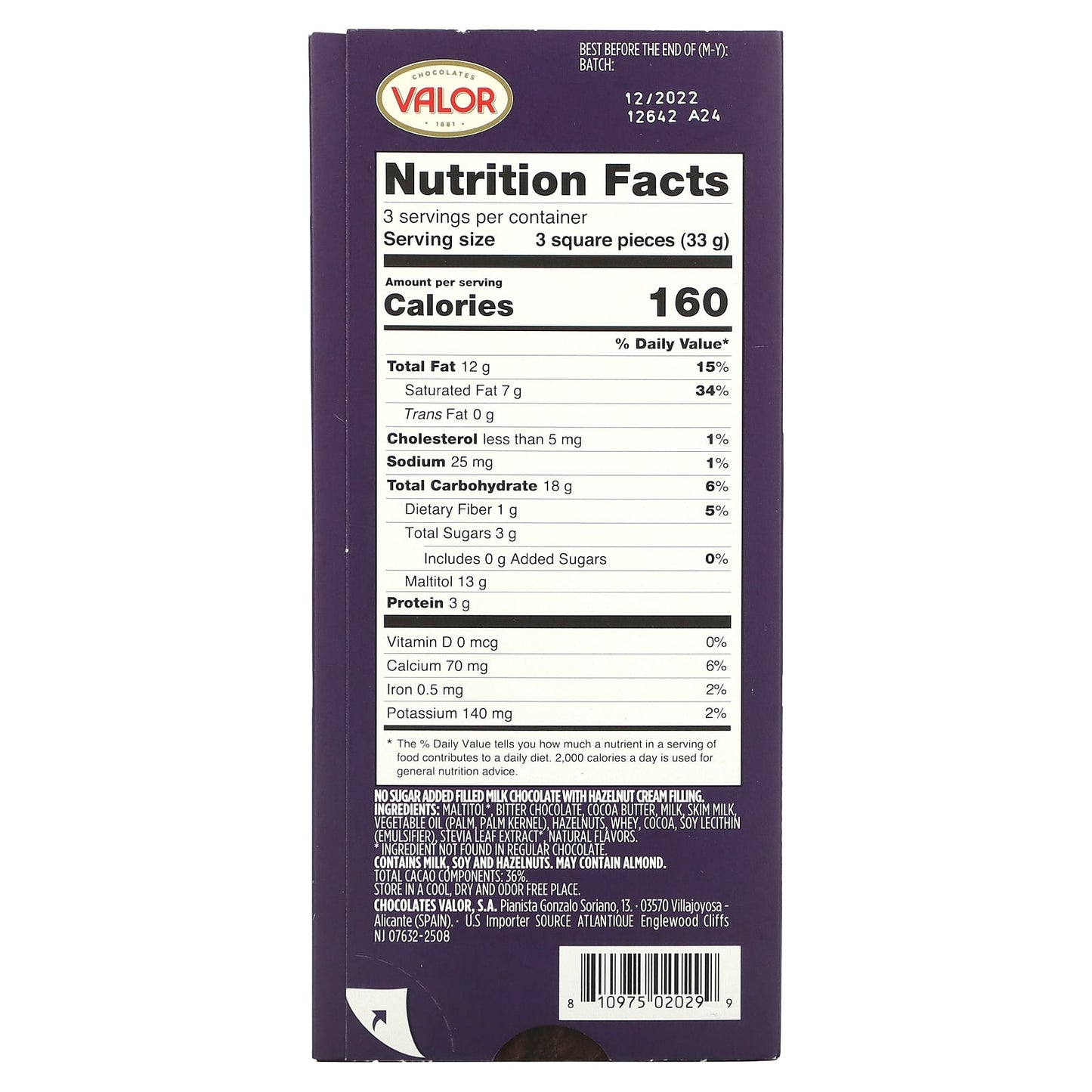 Valor, 0% Sugar Added, Creamy Milk Chocolate with Hazelnut Cream Filling, 3.5 oz (100 g)