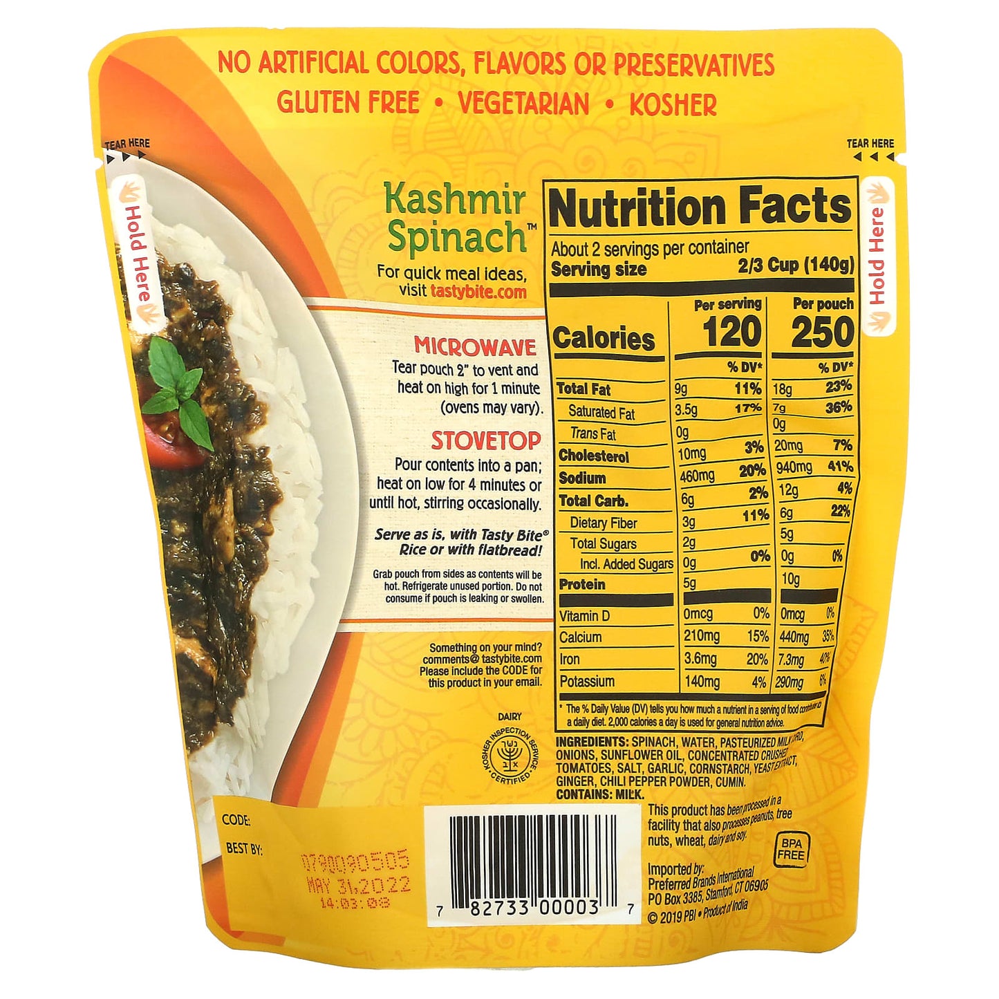 Tasty Bite, Indian, Kashmir Spinach, Mild, 10 oz (285 g)