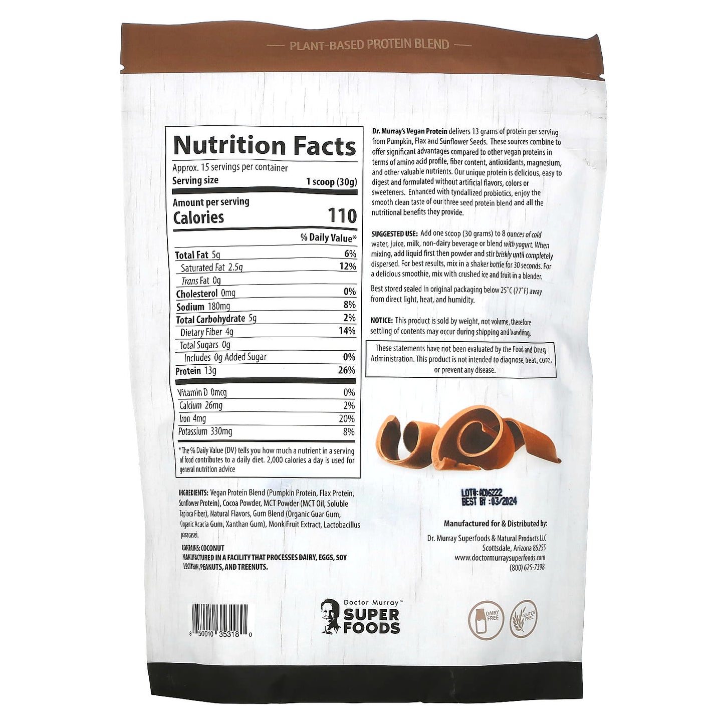 Dr. Murray's, Super Foods, 3 Seed ( Pumpkin, Flax, Sunflower ) Vegan Protein Powder, Chocolate, 16 oz (453.5 g)