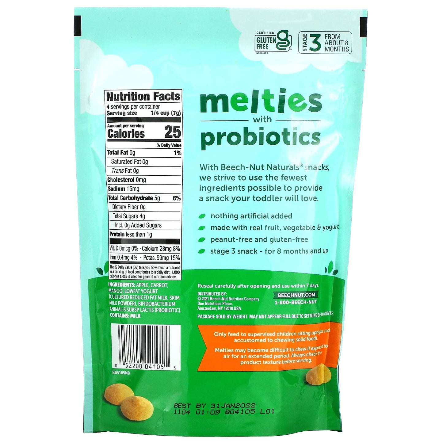 Beech-Nut, Naturals, Melties with Probiotics, 8+ Motnhs, Apple, Carrot, Mango & Yogurt, 1 oz (28 g)