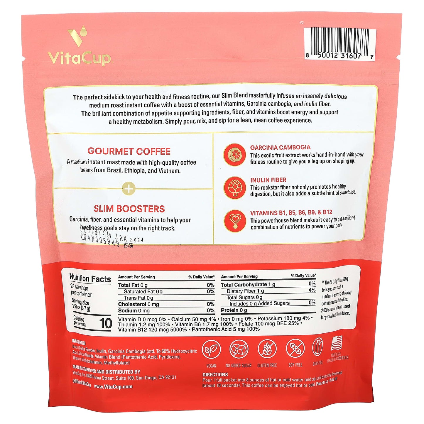 VitaCup, Slim Blend Instant Coffee, Medium Roast, 24 On-The-Go Sticks, 0.13 oz (3.7 g) Each