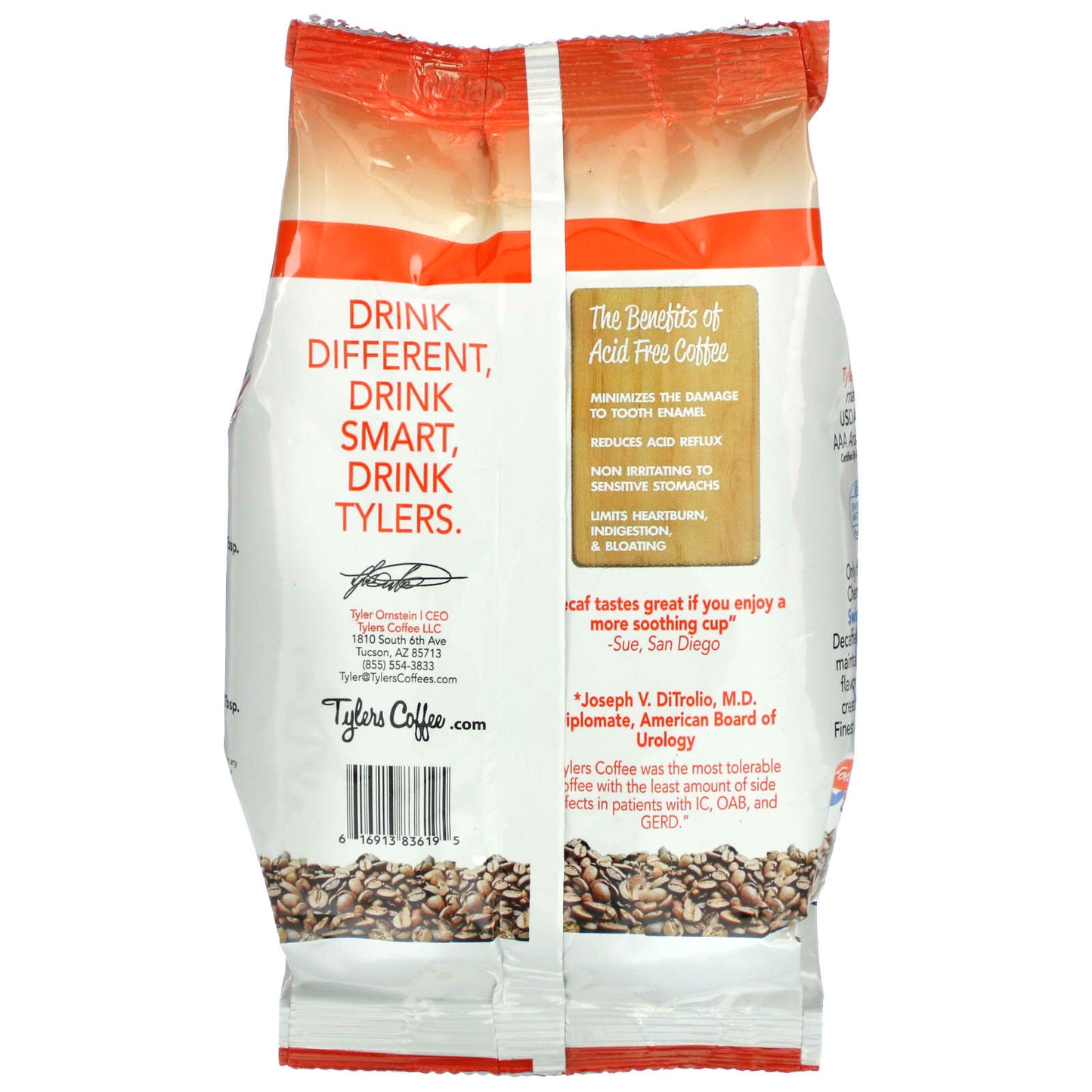 Tylers Coffees, Organic Coffee, Whole Bean, Decaffeinated, 12 oz