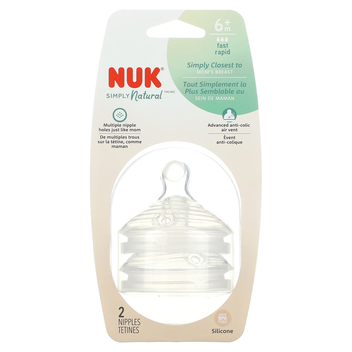 NUK-Simply Natural-Nipples-6+ Months-Fast Flow-2 Nipples