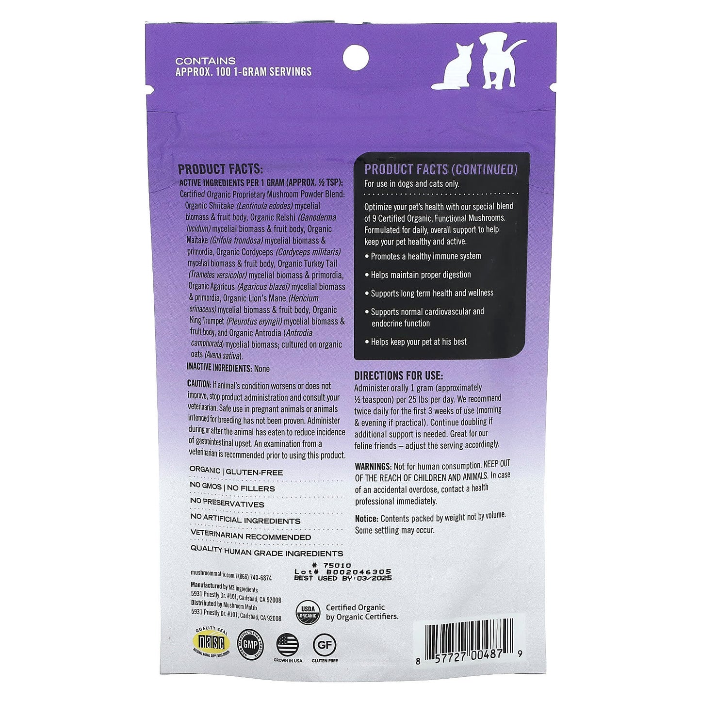 Mushroom Matrix Canine, Healthy Pet, Certified Organic Mushroom Powder, For 25 lb Pet, For Dogs and Cats, 3.5 oz (100 g)