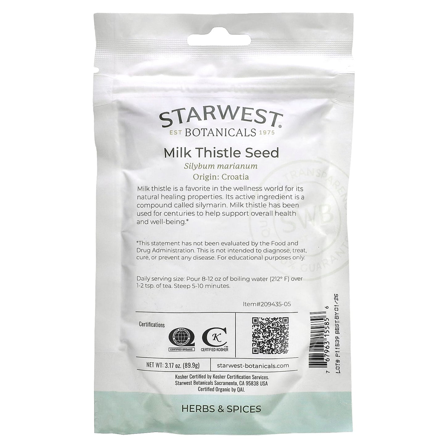 Starwest Botanicals, Organic Milk Thistle Seed, 3.17 oz (89.9 g)