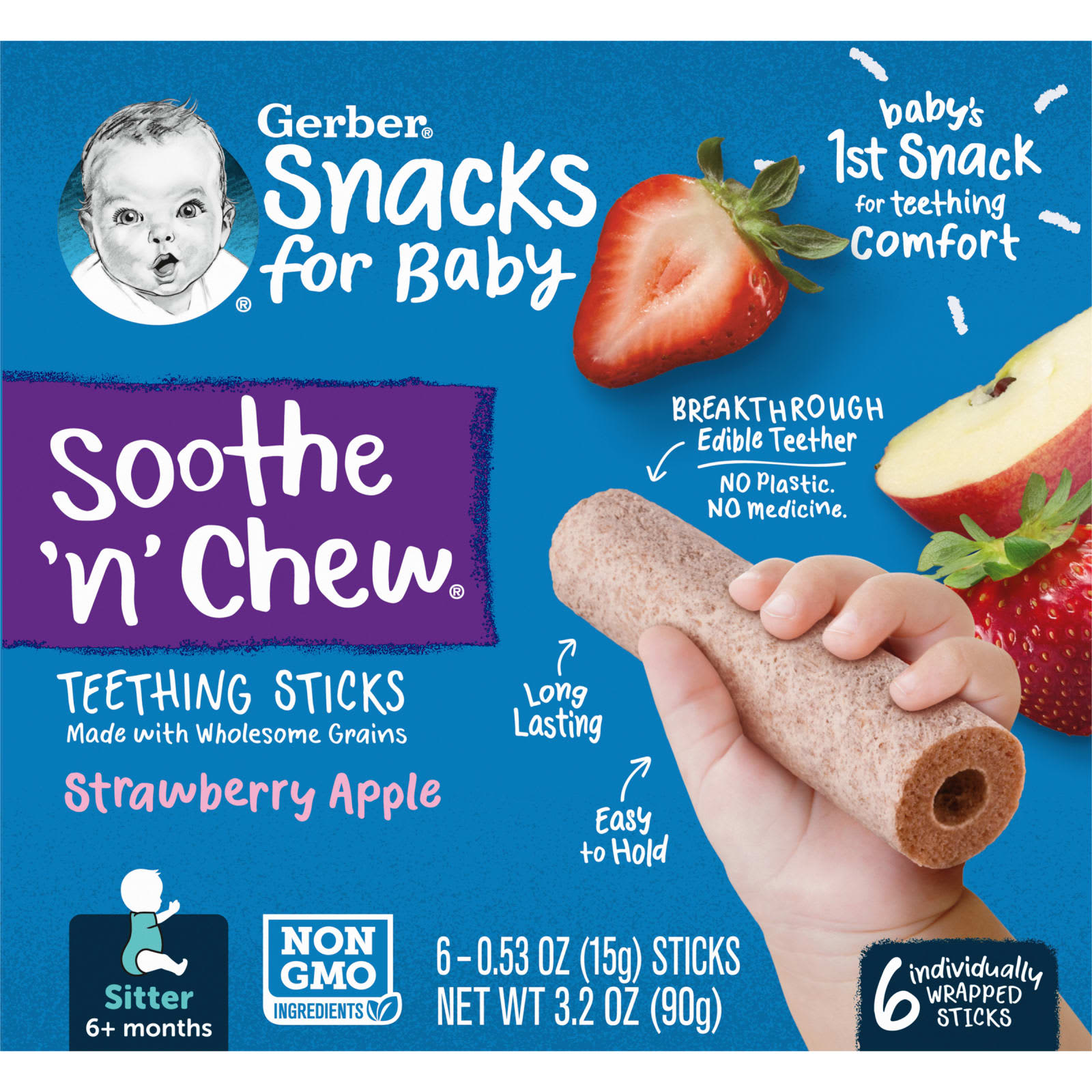 Gerber-Snacks for Baby-Soothe 'n' Chew-Teething Sticks-6+ Months-Strawberry Apple-6 Individually Wrapped Sticks-0.53 oz (15 g) Each