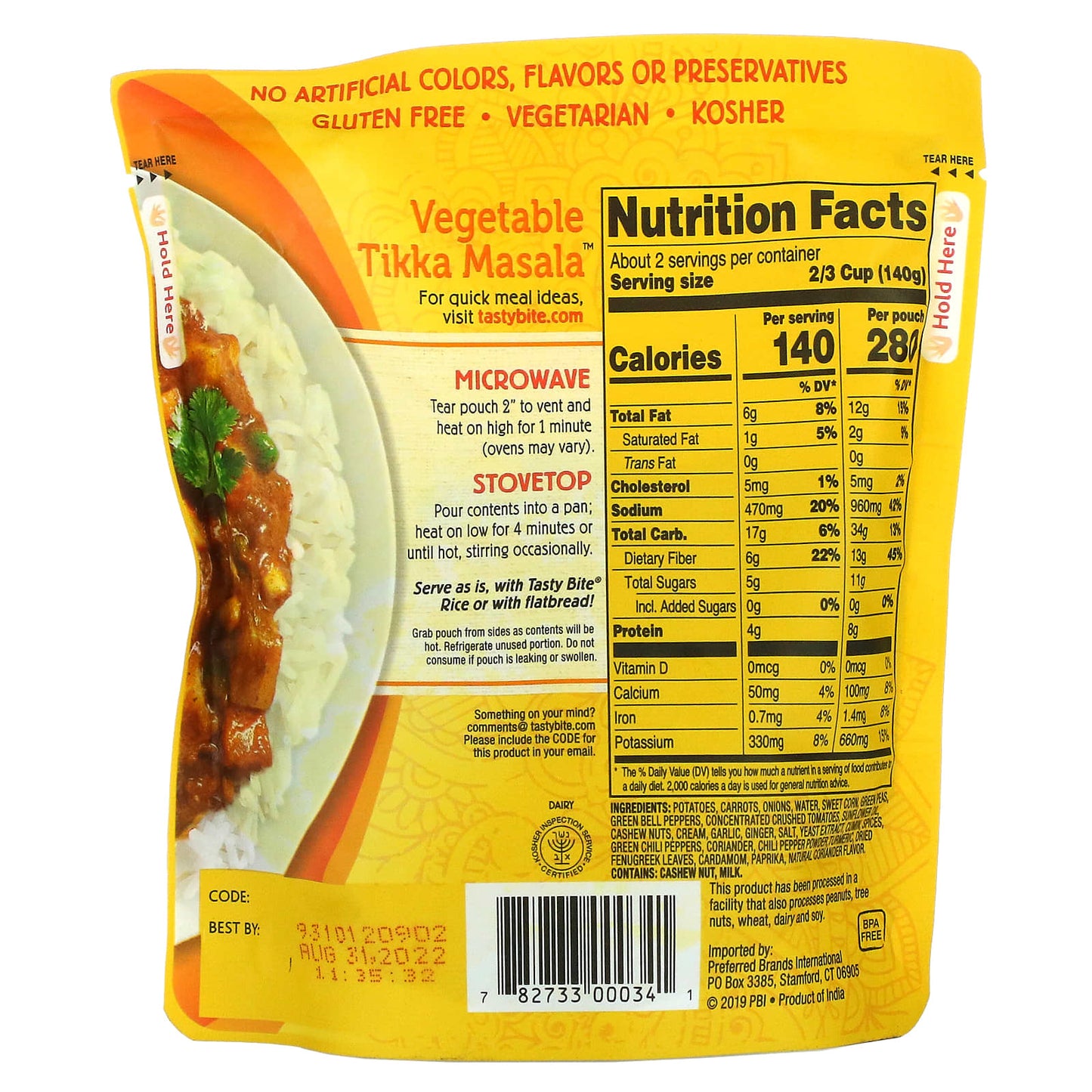 Tasty Bite, Indian Vegetable Tikka Masala, Mild, 10 oz (285 g)