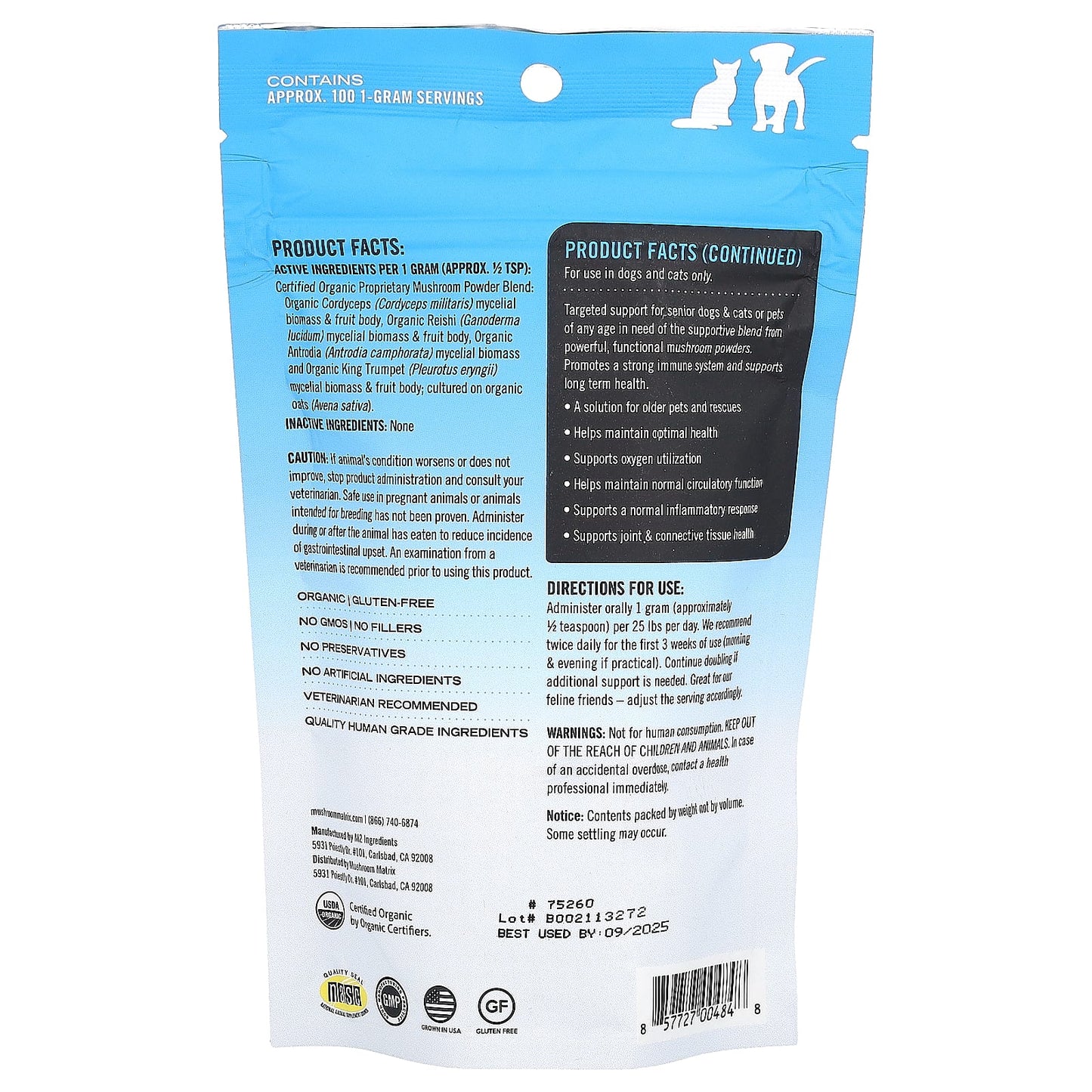 Mushroom Matrix Canine, Maximum Recovery, Certified Organic Mushroom Powder, For 25 lb Pet, For Dogs and Cats, 3.5 oz (100 g)