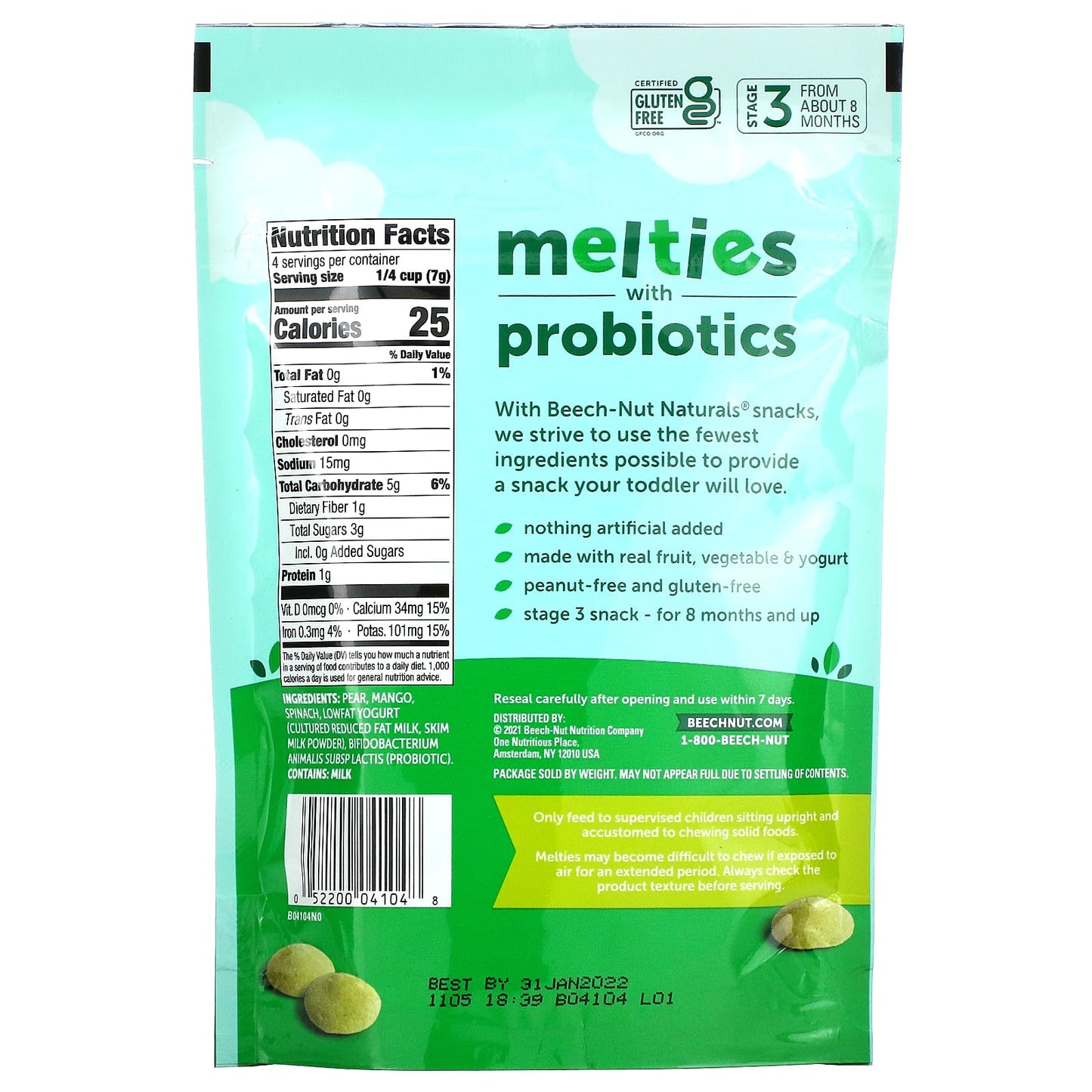 Beech-Nut, Naturals, Melties with Probiotics, 8+ Months, Pear, Mango, Spinach & Yogurt, 1 oz (28 g)