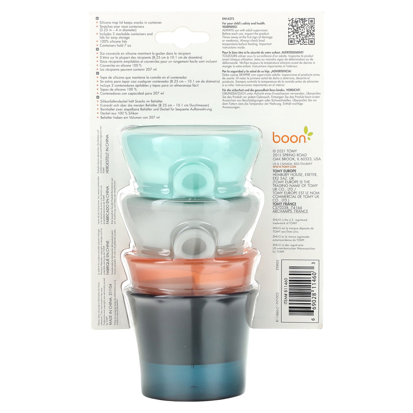 Boon, Snug Snack, Universal Silicone Snack Lid with Cup, 9m+, 2 Cups & 2 Lids, 7 oz (207 ml) Each