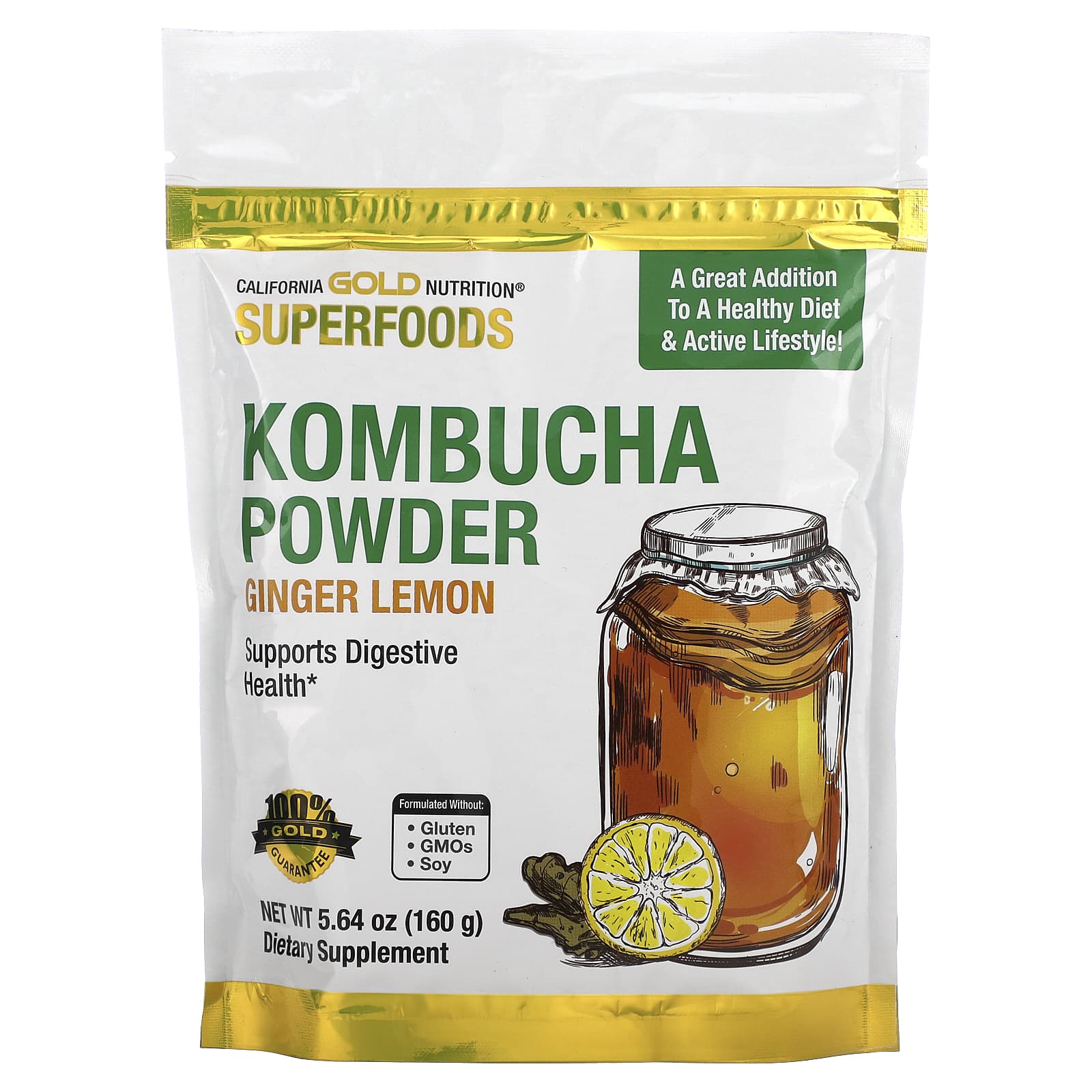 California Gold Nutrition-SUPERFOODS - Kombucha Powder-Ginger Lemon-5.64 oz (160 g)