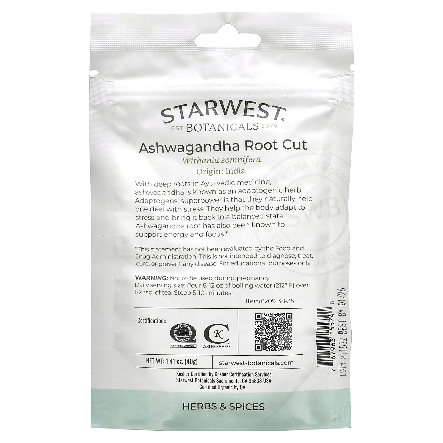 Starwest Botanicals, Organic Ashwagandha Root Cut, 1.41 oz (40 g)