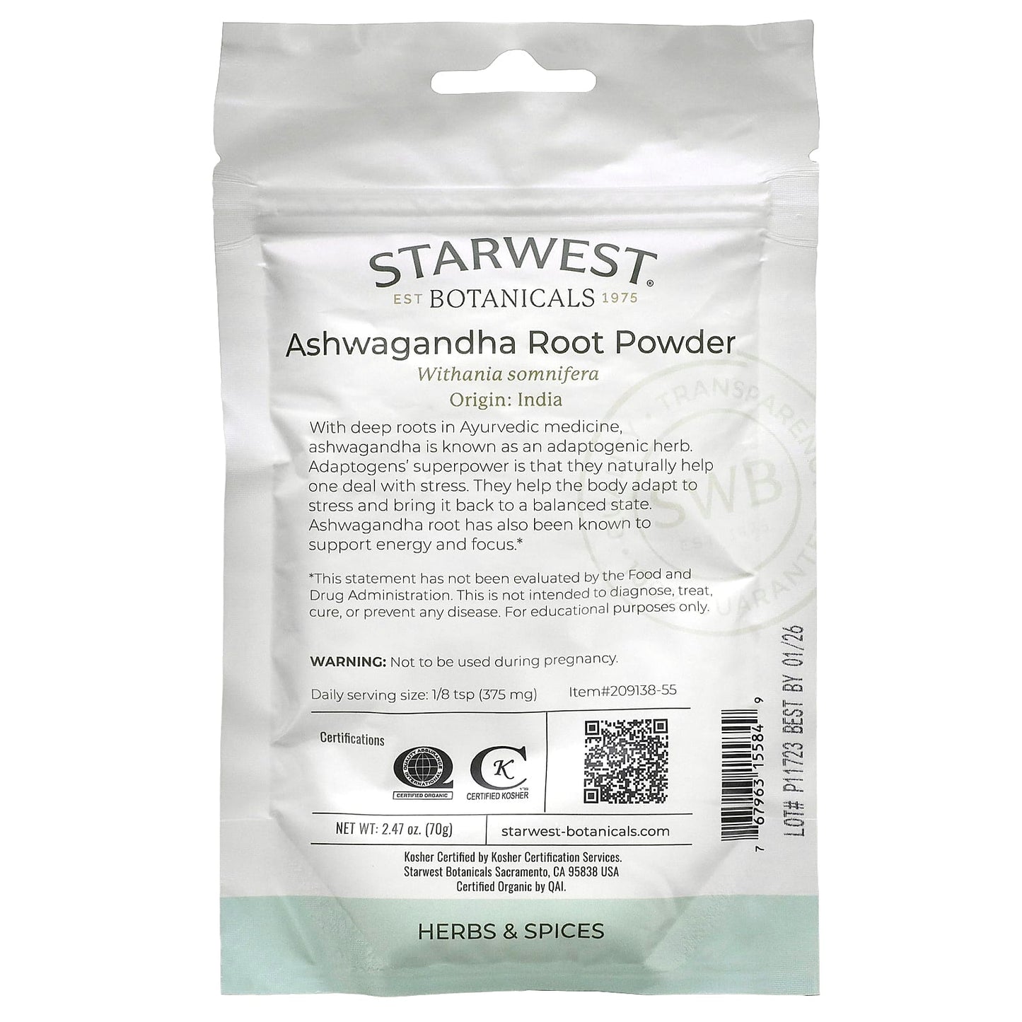 Starwest Botanicals, Organic Ashwagandha Root Powder, 2.47 oz (70 g)