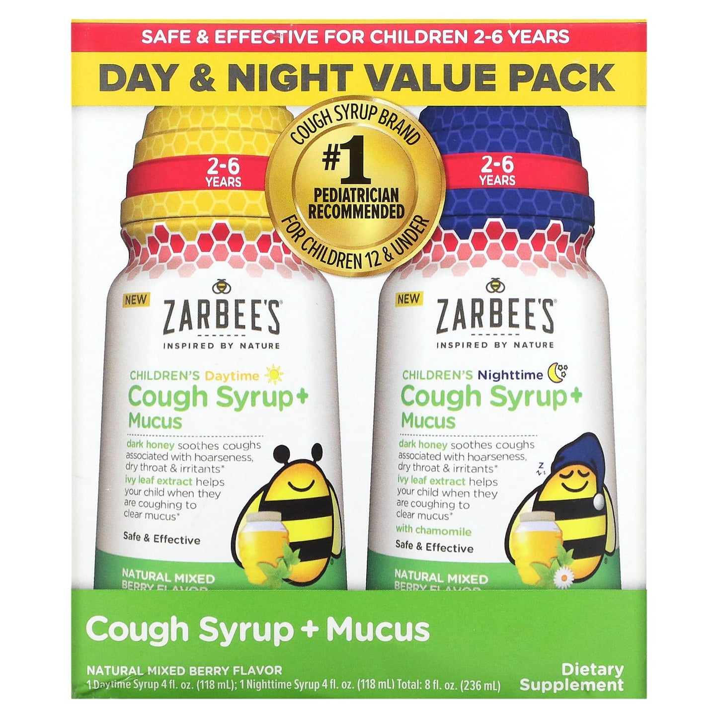 Zarbee's-Children's Cough Syrup + Mucus-Dark Honey-Daytime & Night Value Pack-2-6 Years-Natural Mixed Berry-4 fl oz (118 ml) Each