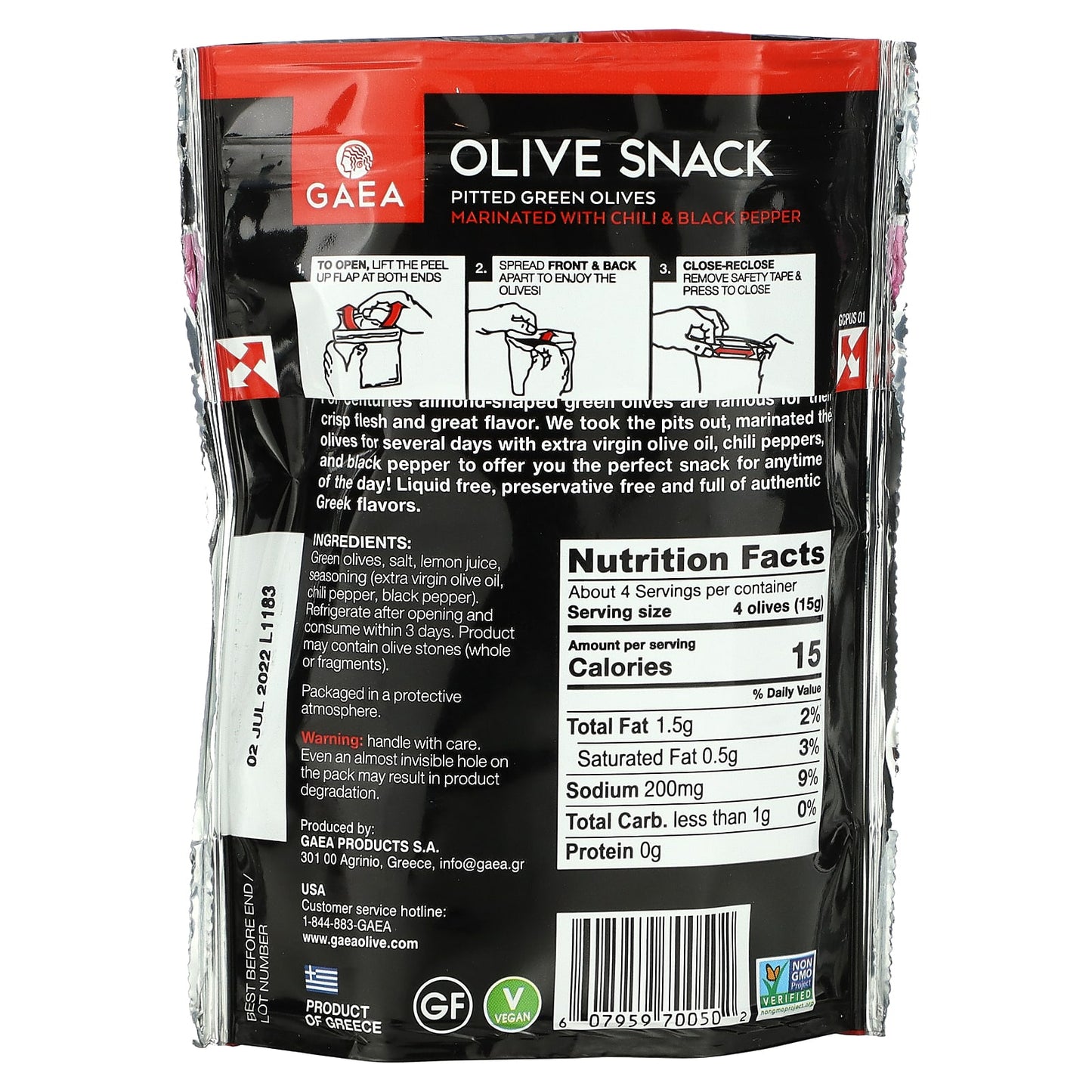 Gaea, Olive Snack, Pitted Green Olives, Marinated With Chili & Black Pepper, 2.3 oz (65 g)