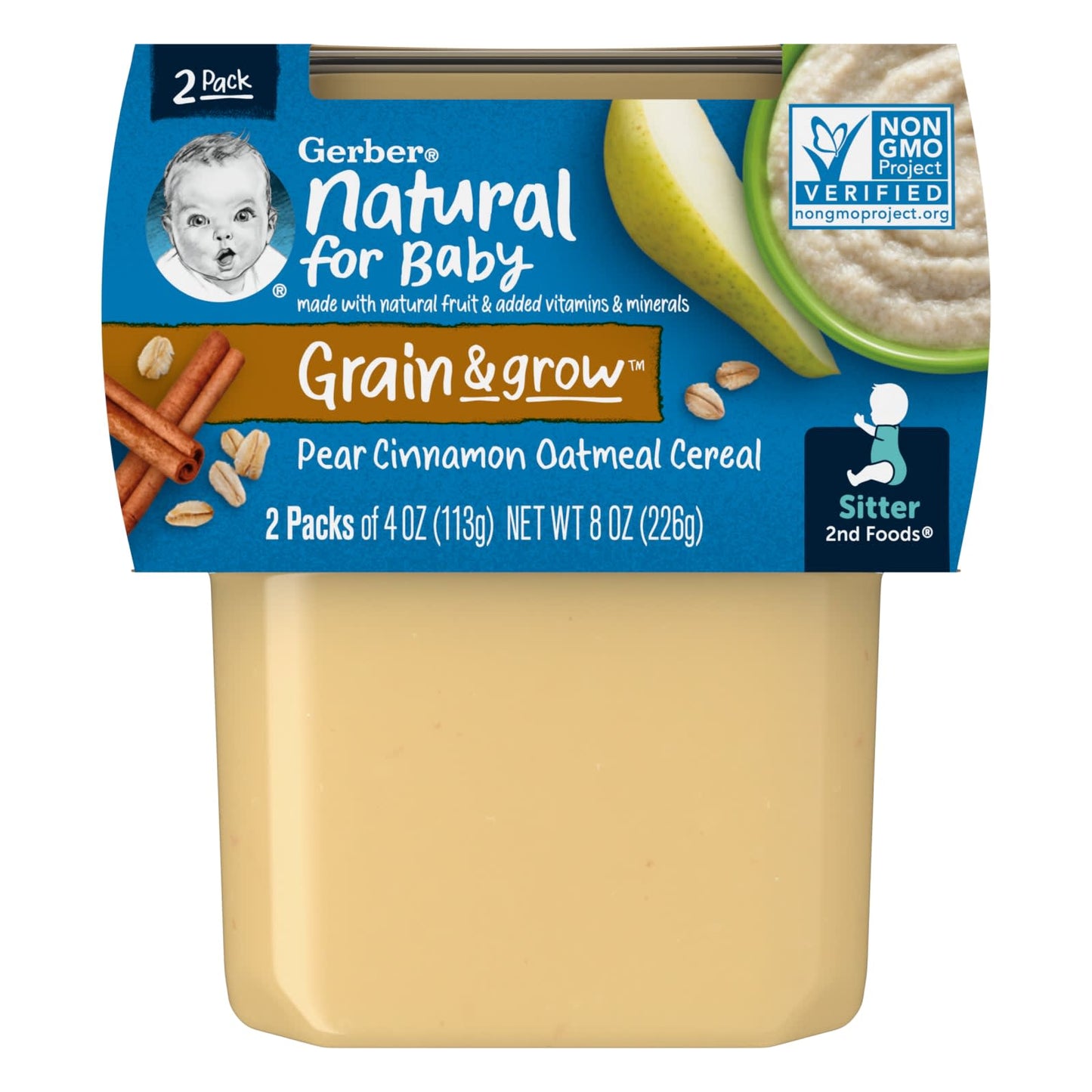 Gerber-Natural for Baby-Grain & Grow-2nd Foods-Pear Cinnamon Oatmeal Cereal-2 Pack-4 oz (113 g) Each