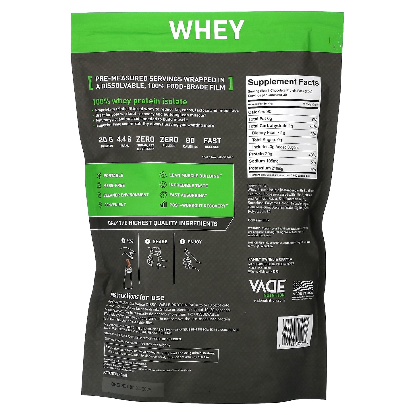 Vade Nutrition, Dissolvable Protein Packs, 100% Whey Isolate, Chocolate Milkshake, 1.7 lb (750 g)