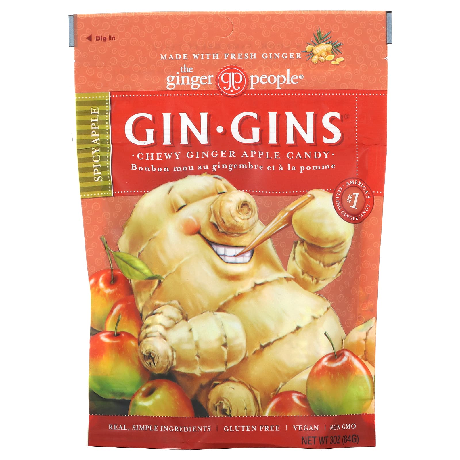 The Ginger People-Gin·Gins-Chewy Ginger Apple Candy-Spicy Apple-3 oz (84 g)