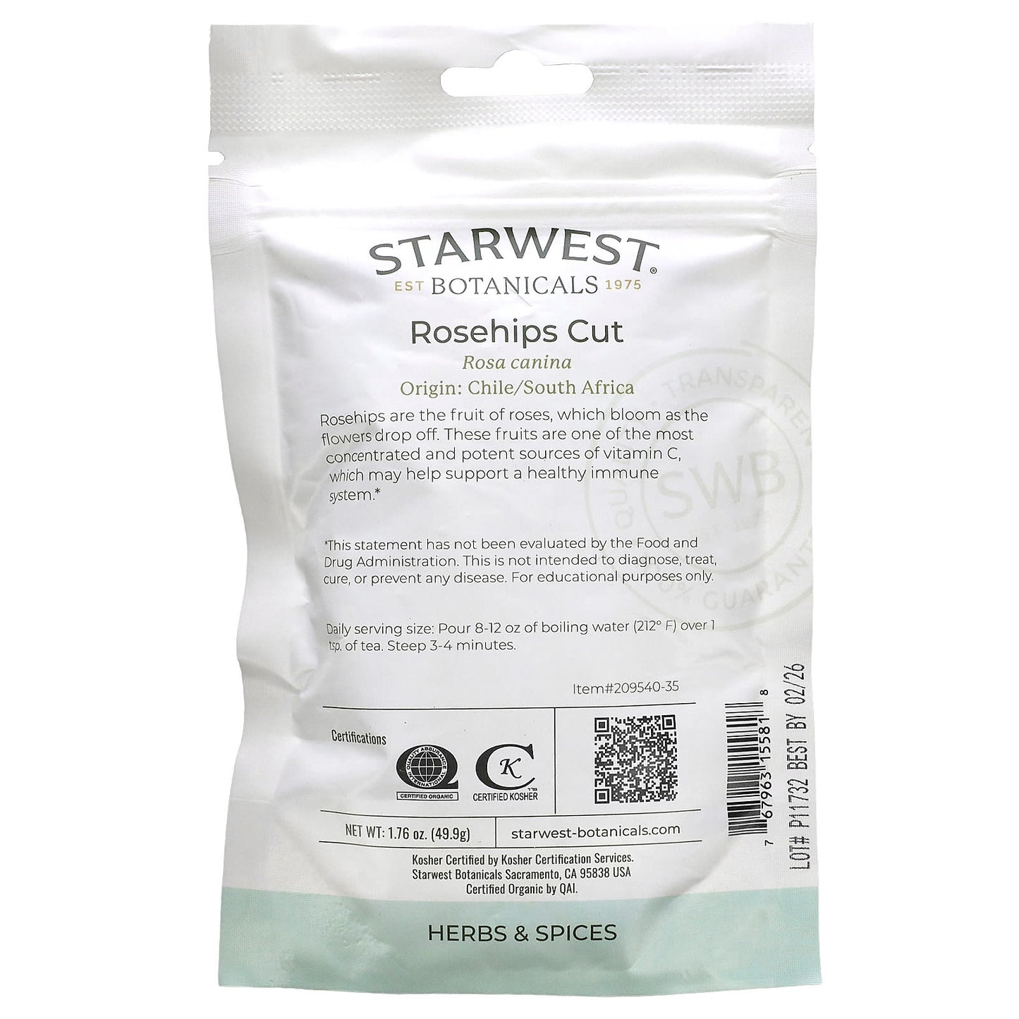 Starwest Botanicals, Organic Rosehips, Cut, 1.76 oz (49.9 g)