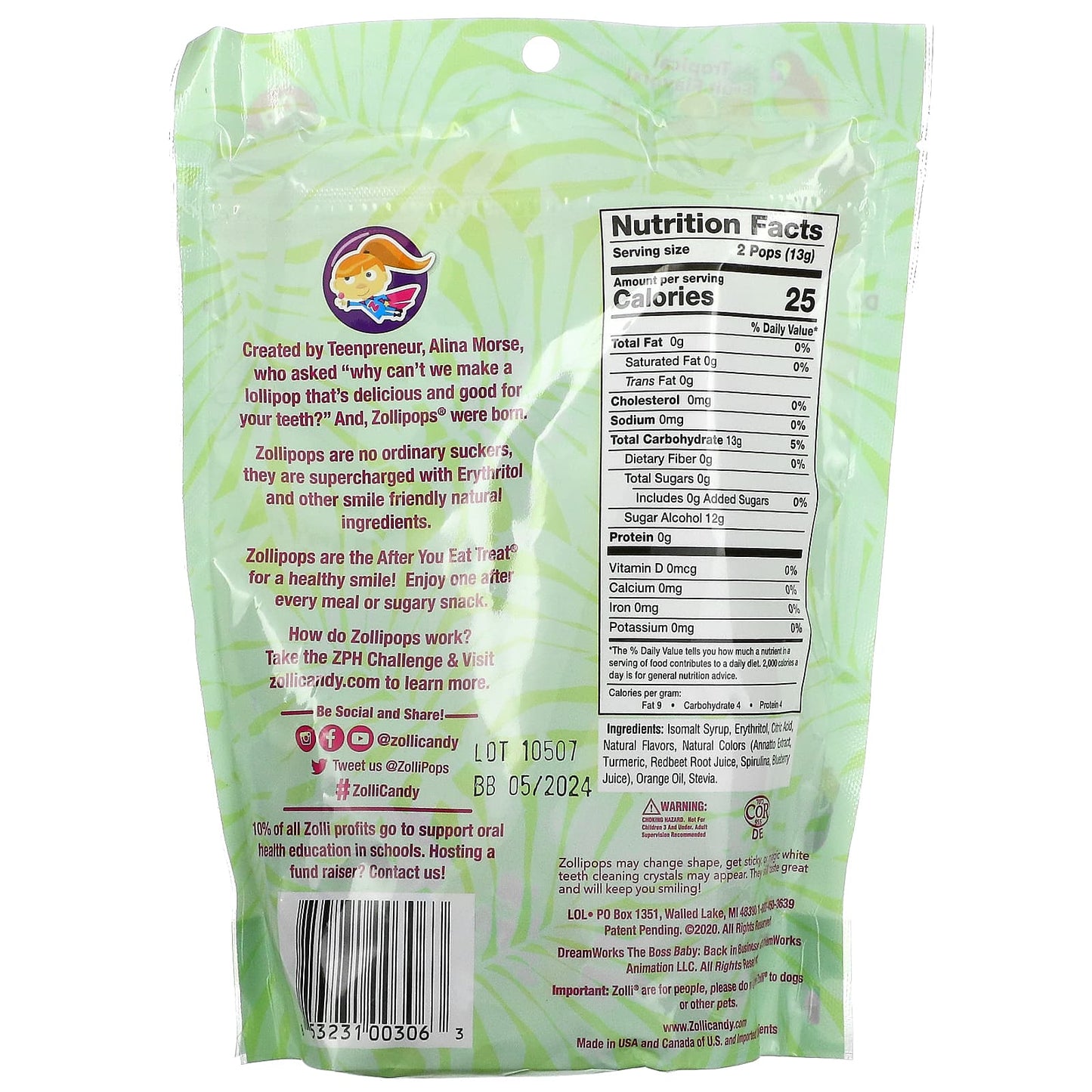 Zollipops, The Clean Teeth Pops, Tropical Fruit, 5.2 oz