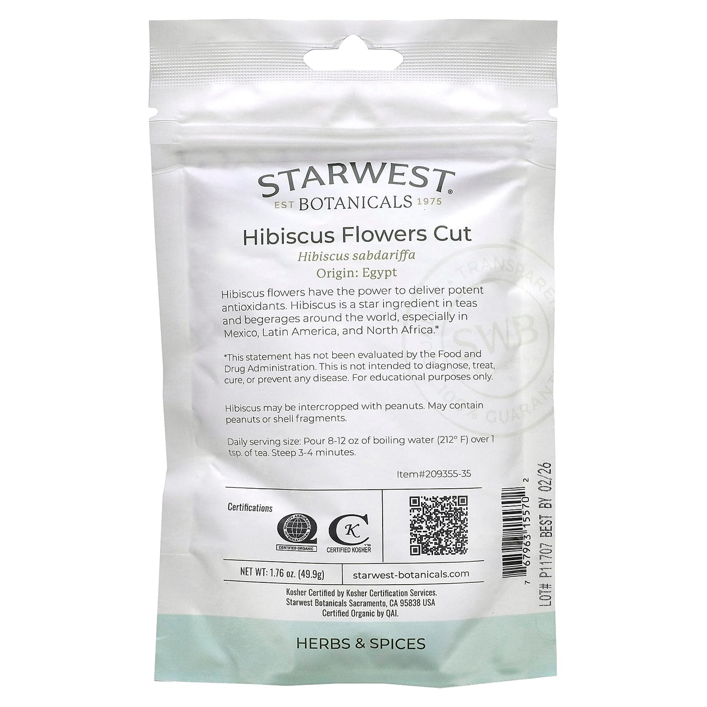 Starwest Botanicals, Organic Hibiscus Flowers Cut, 1.76 oz (49.9 g)