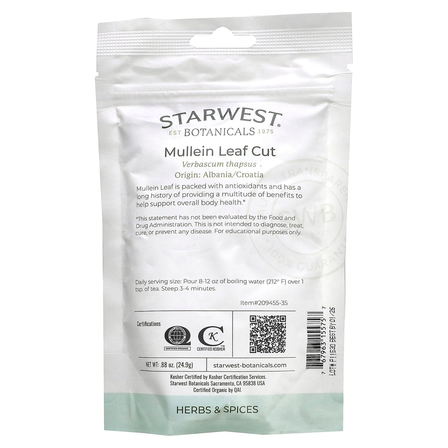 Starwest Botanicals, Organic Mullein Leaf Cut, 0.88 oz (24.9 g)