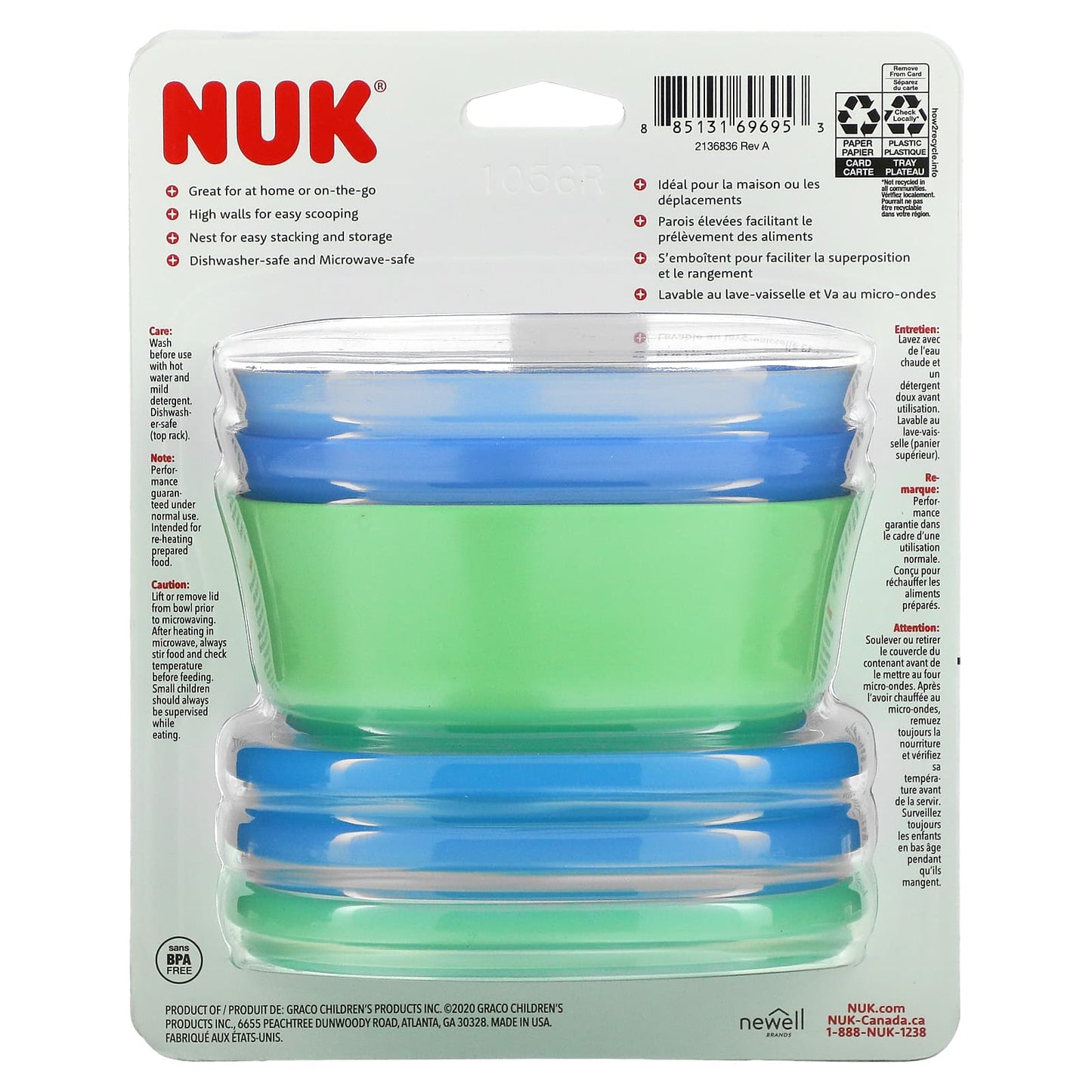 NUK, Stacking Bowls, 4+ Months, Blue & Green, 3 Bowls + 3 Lids