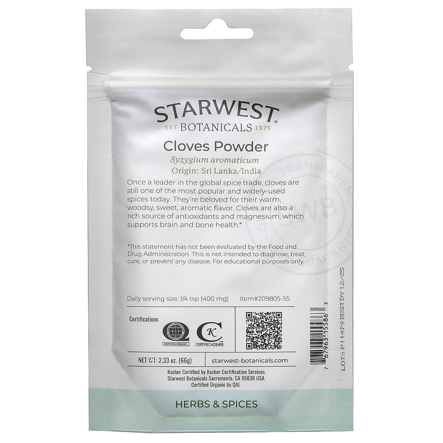 Starwest Botanicals, Organic Cloves Powder, 2.33 oz (66 g)