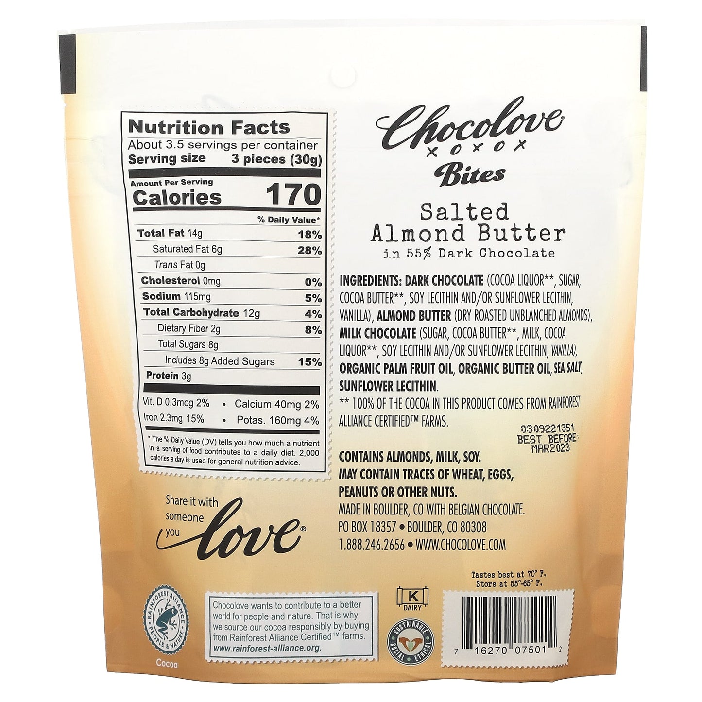 Chocolove, Bites, Salted Almond Butter in 55% Dark Chocolate, 3.5 oz (100 g)