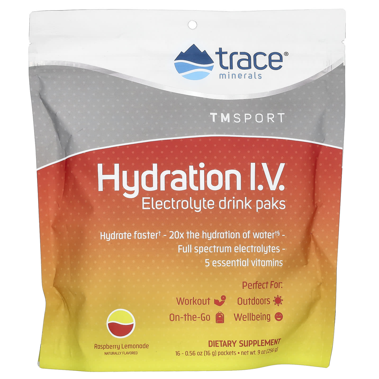 Trace Minerals ®-TMSport-Hydration I.V.-Electrolyte Drink Paks-Raspberry Lemonade-16 Packets-0.56 oz (16 g) Each