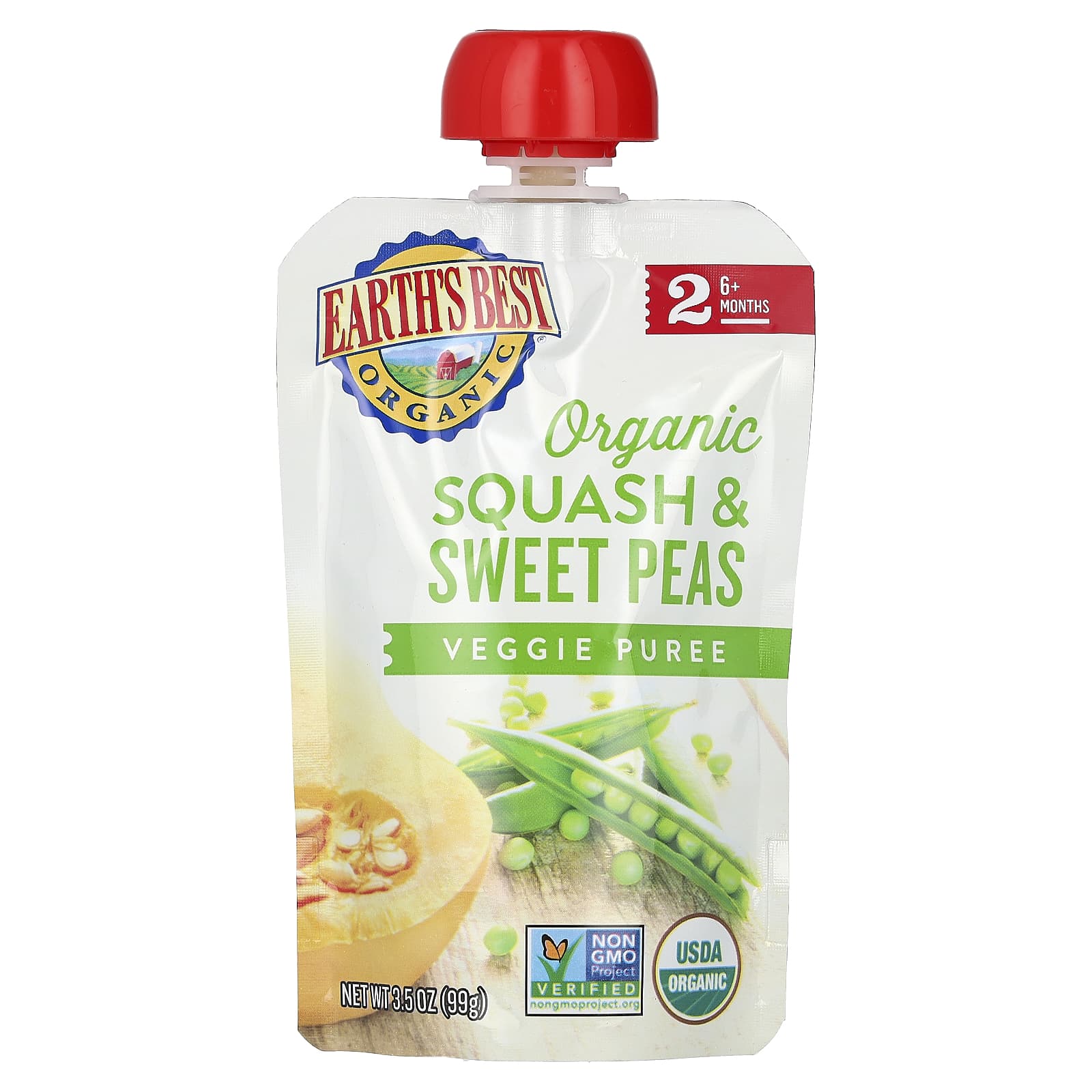 Earth's Best-Organic Veggie Puree-6+ Months-Squash & Sweet Peas-3.5 oz (99 g)