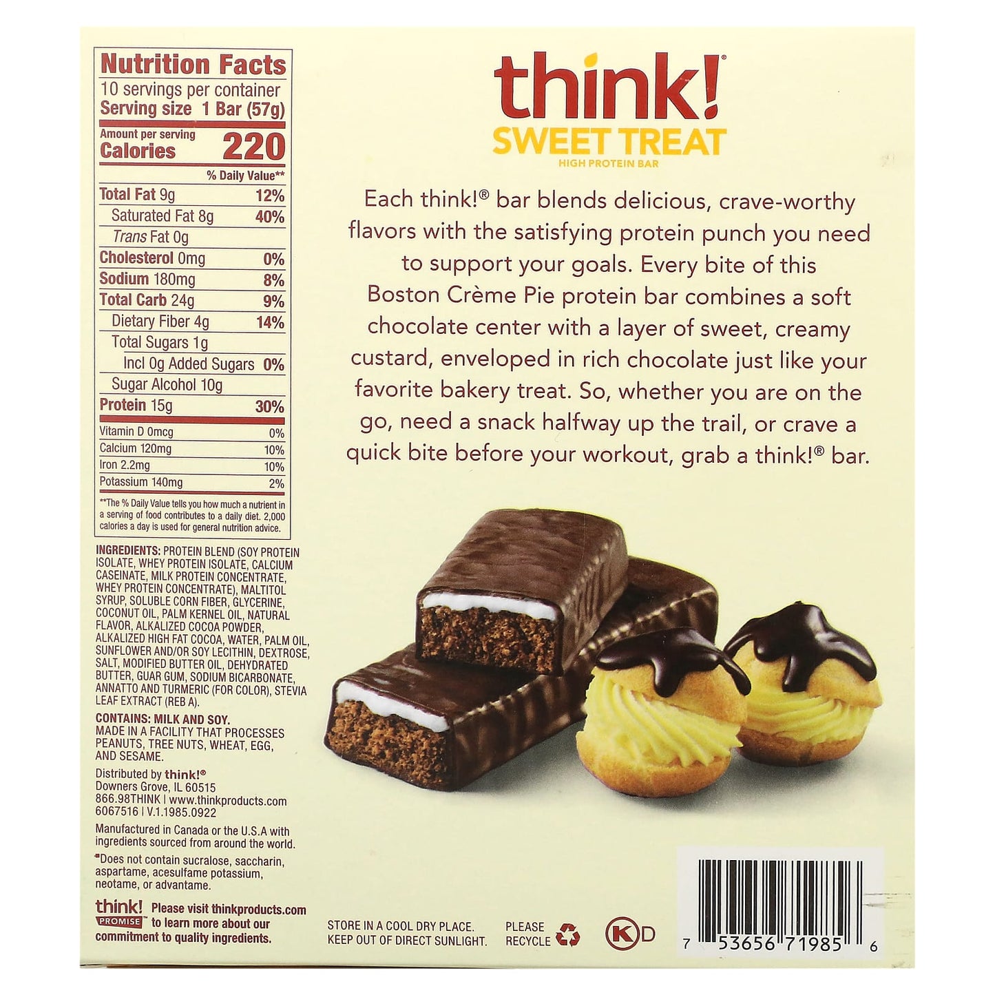 Think !, Sweet Treat, High Protein Bar, Boston Creme Pie, 10 Bars, 2.1 oz (57 g)