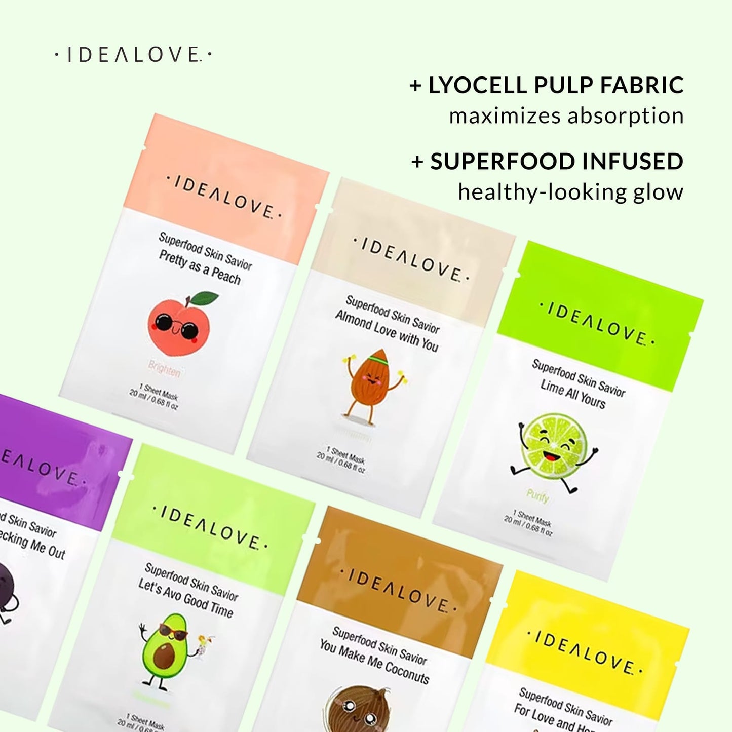 Idealove, Superfood Skin Savior Sheet Masks, Variety, 7 Beauty Sheet Masks, 0.68 fl oz (20 ml) Each