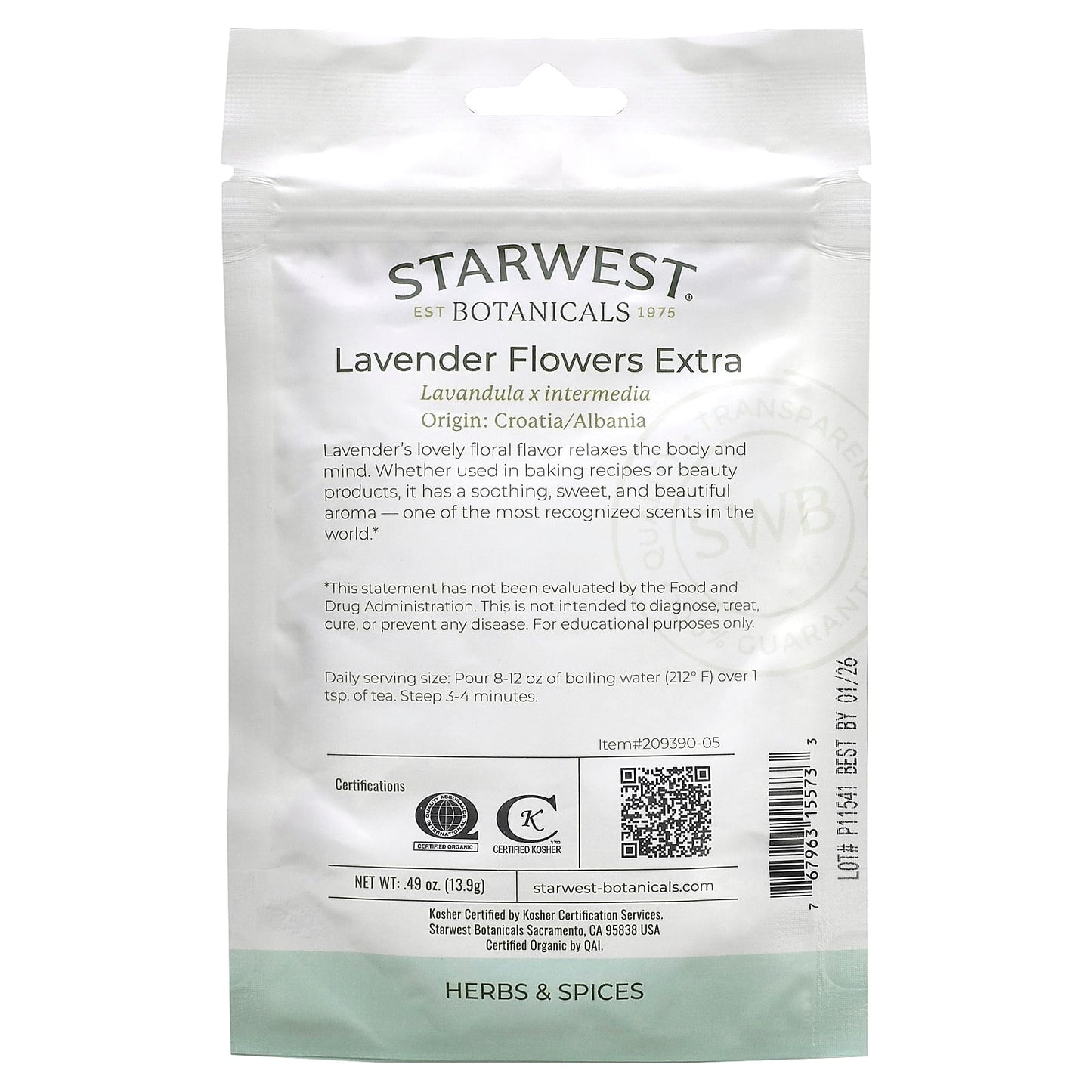 Starwest Botanicals, Organic Lavender Flowers Extra, 0.49 oz (13.9 g)