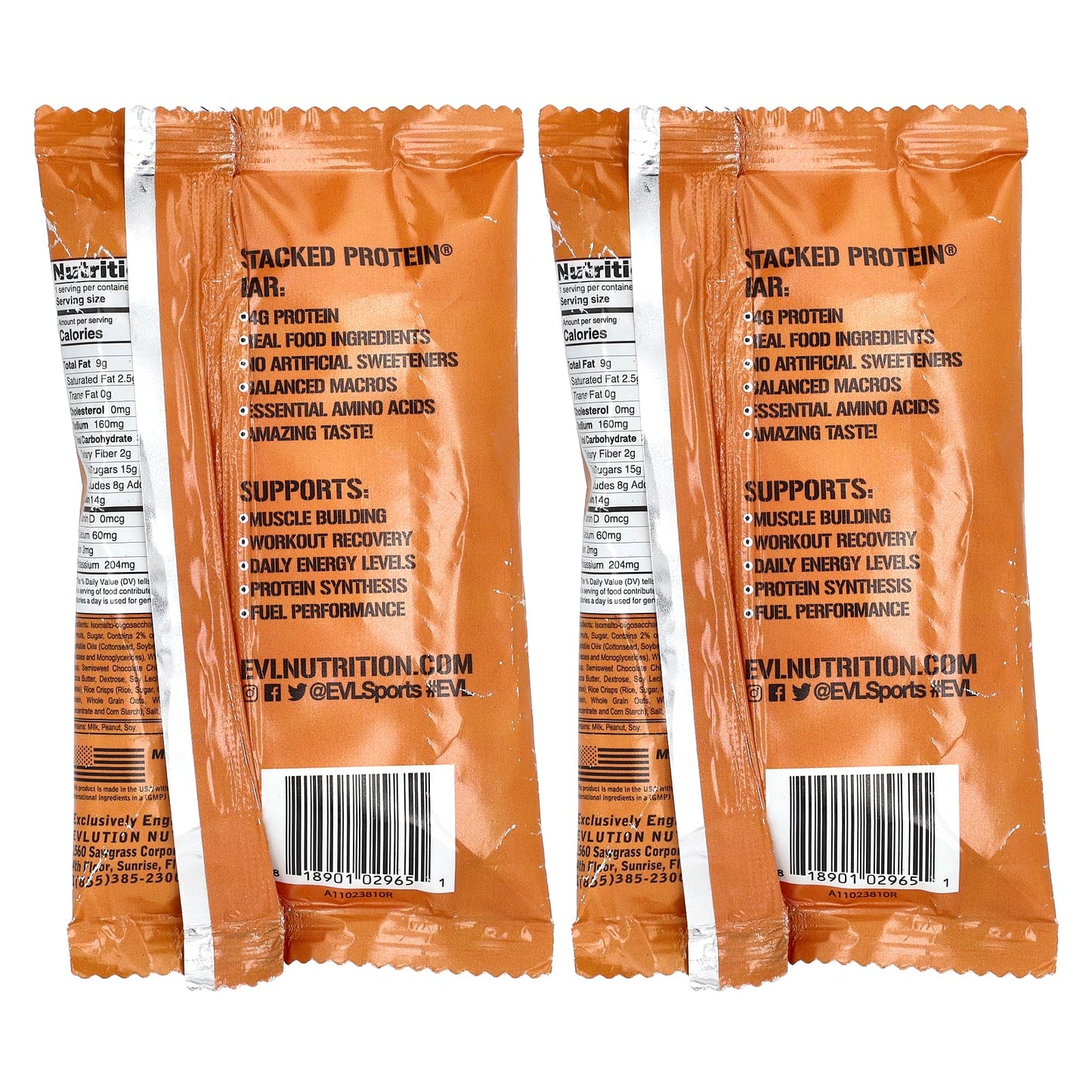 EVLution Nutrition, Stacked Protein Bar, Chocolate Chip Peanut Butter, 2 Bars, 2.29 oz (65 g) Each