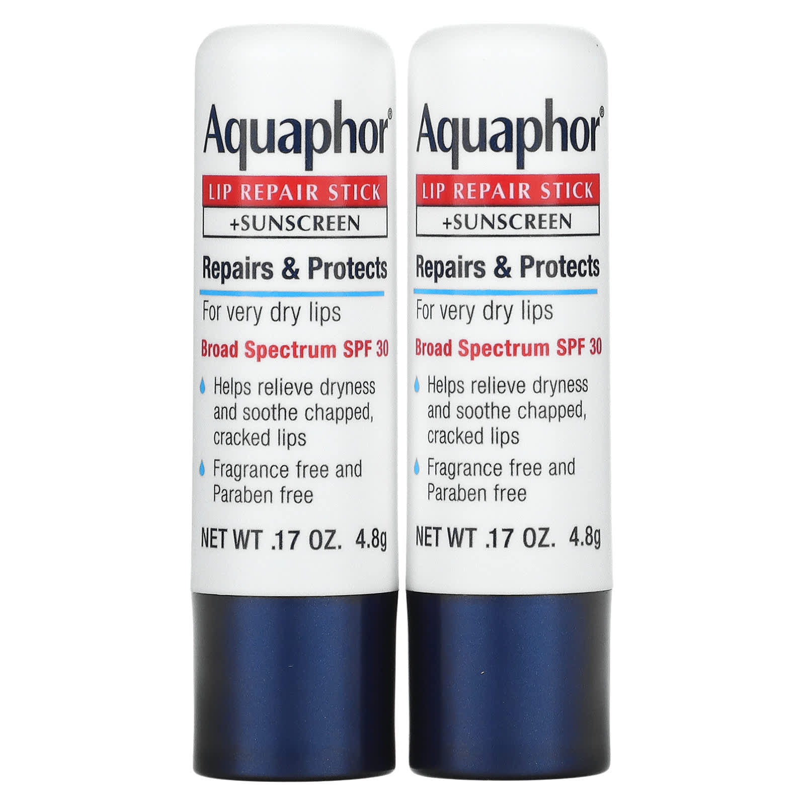 Aquaphor-Lip Repair Stick + Sunscreen-SPF 30-Fragrance Free-Dual Pack-2 Sticks-0.17 oz (4.8 g) Each