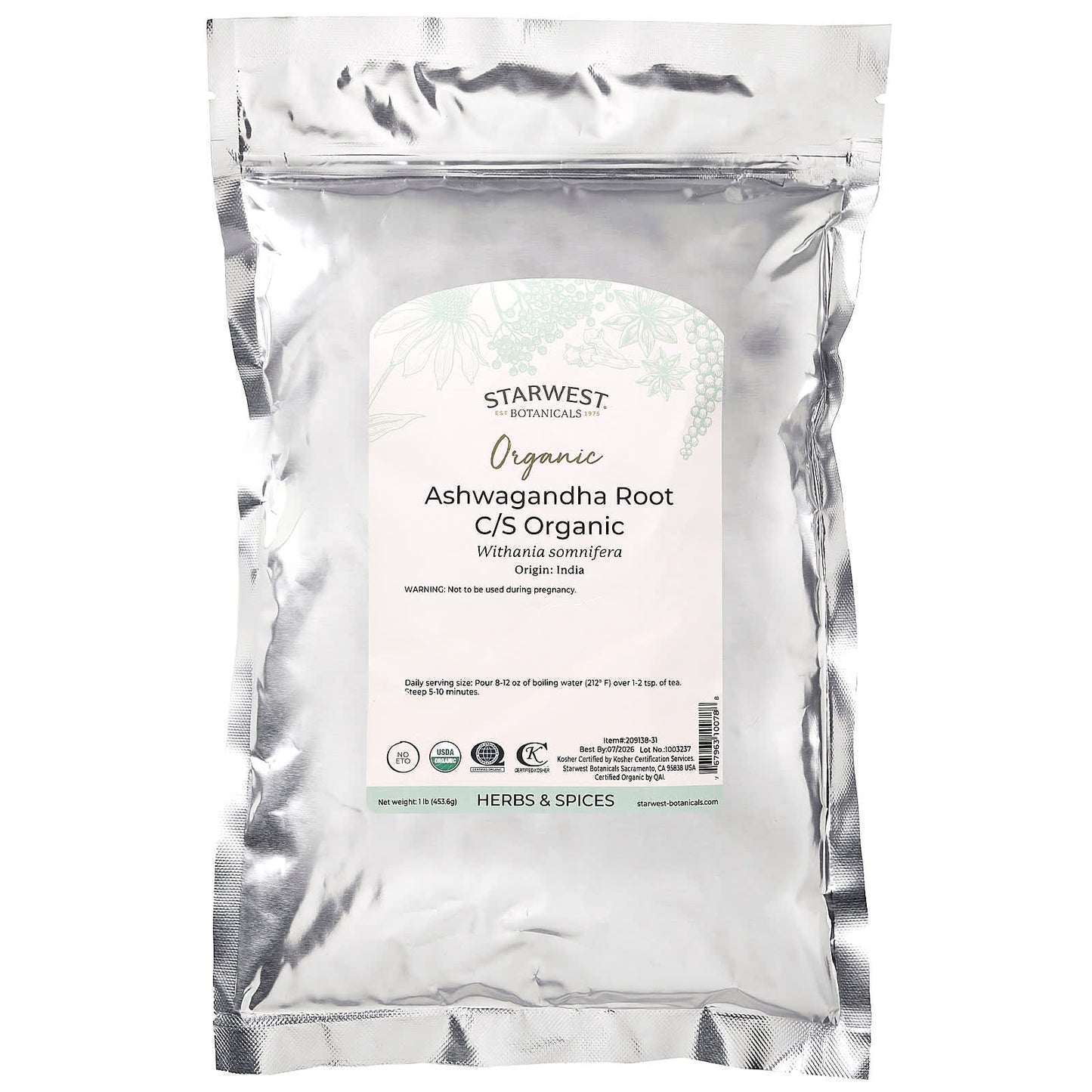 Starwest Botanicals, Organic Ashwagandha Root, Cut & Shifted, 1 lb (453.6 g)