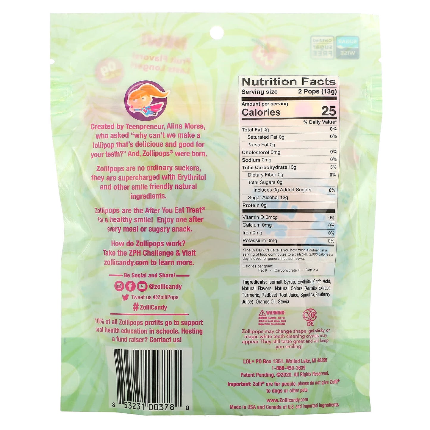 Zollipops, Zollipops, The Clean Teeth Pops, Tropical Fruit Flavors, 3.1 oz