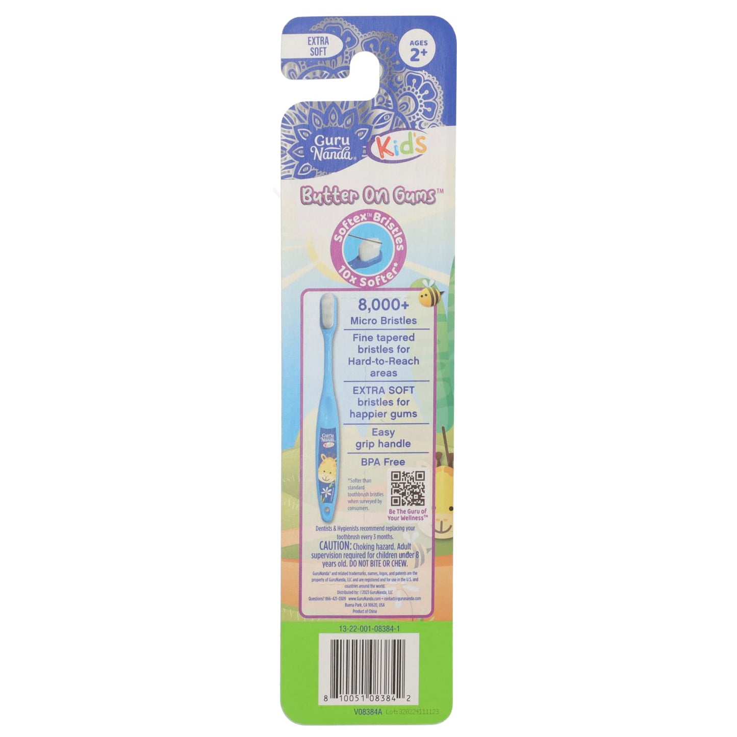 GuruNanda, Kids, Bristle Toothbrush, Ages 2+, Extra Soft, Giraffe , 1 Toothbrush + 1 Cover