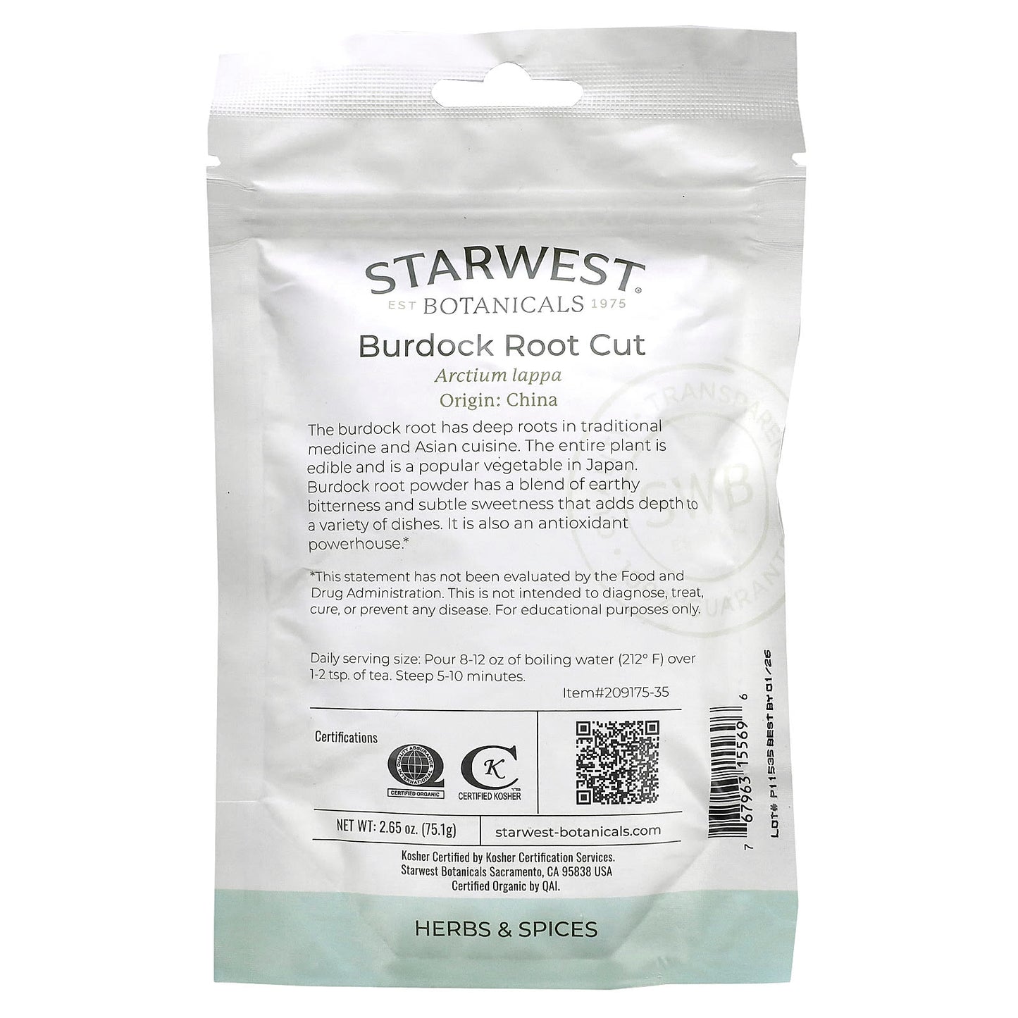 Starwest Botanicals, Organic Burdock Root Cut, 2.65 oz (75.1 g)