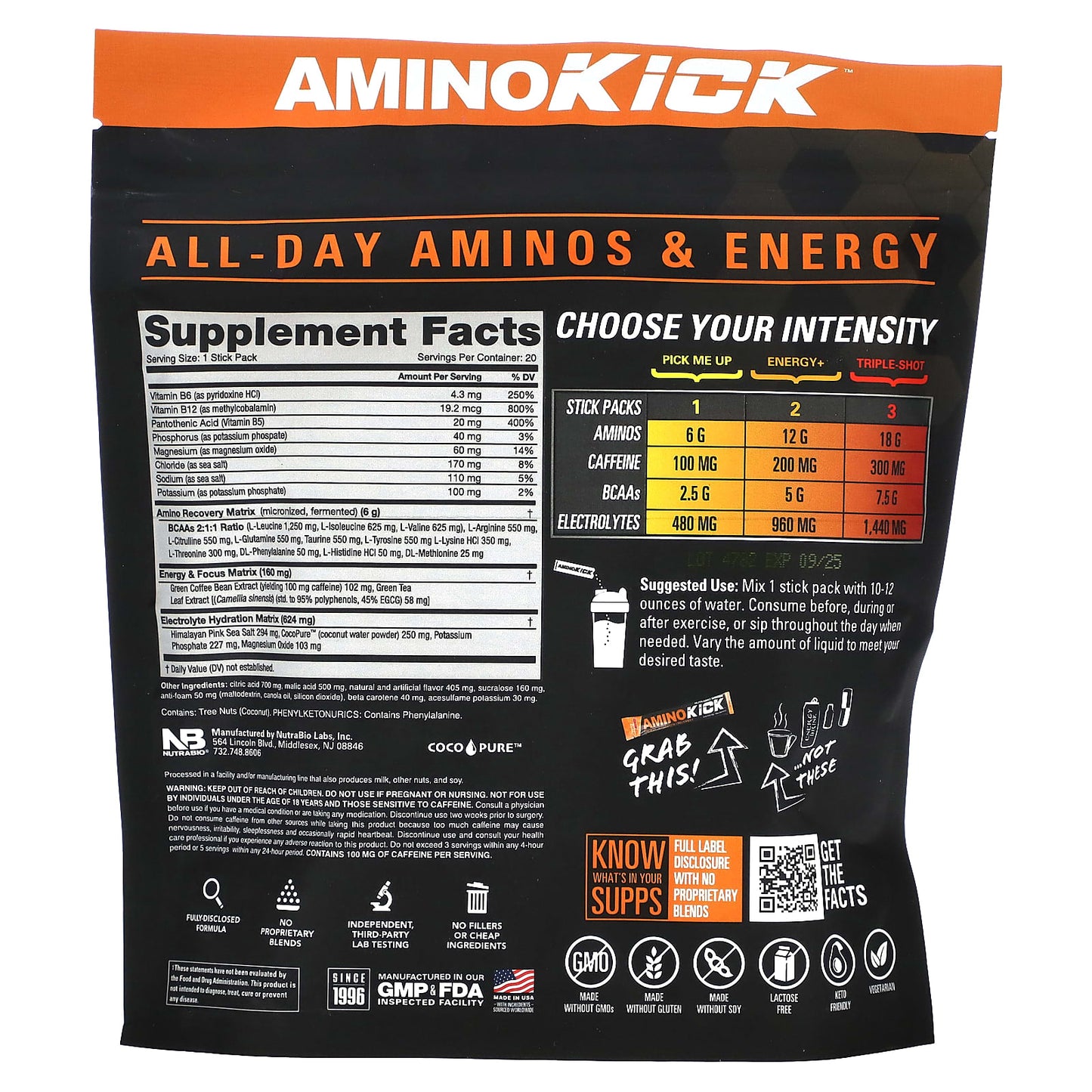 NutraBio, Amino Kick, Orange Mango, 20 Stick Packs, 0.32 oz (9 g) Each