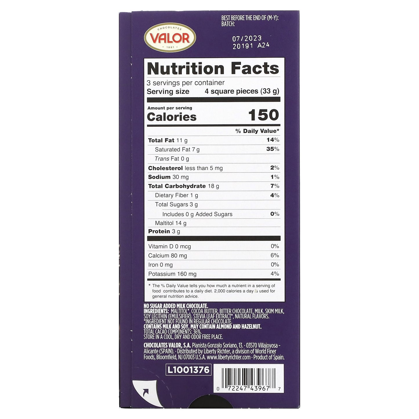 Valor, 0% Sugar Added, Milk Chocolate, 3.5 oz (100 g)