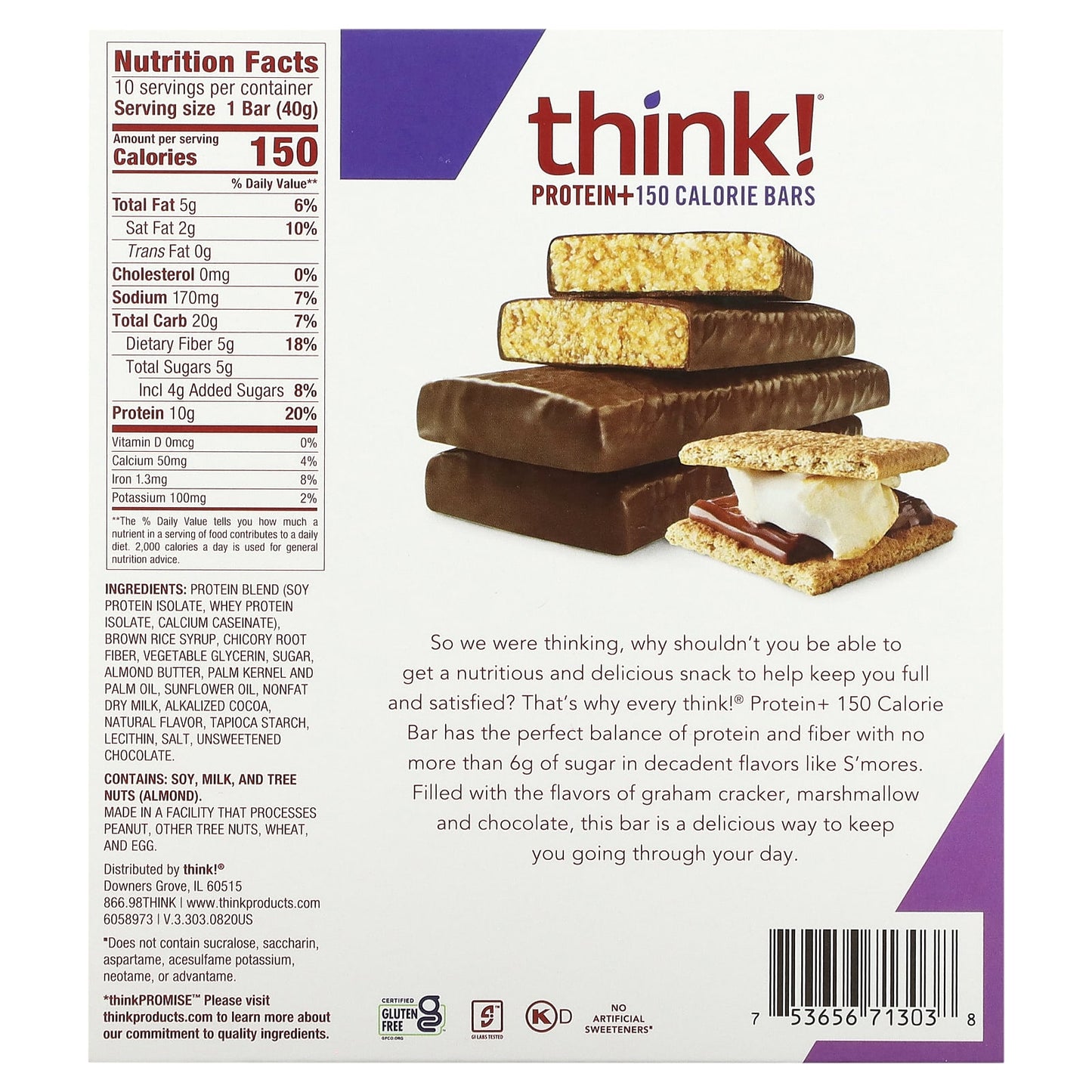 Think !, Protein+ 150 Calorie Bars, S'mores, 10 Bars, 1.41 oz (40 g) Each