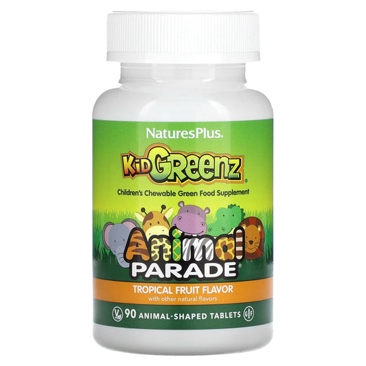 NaturesPlus-Animal Parade-Kid Greenz-Children's Chewable Green Food Supplement-Tropical Fruit-90 Animal-Shaped Tablets