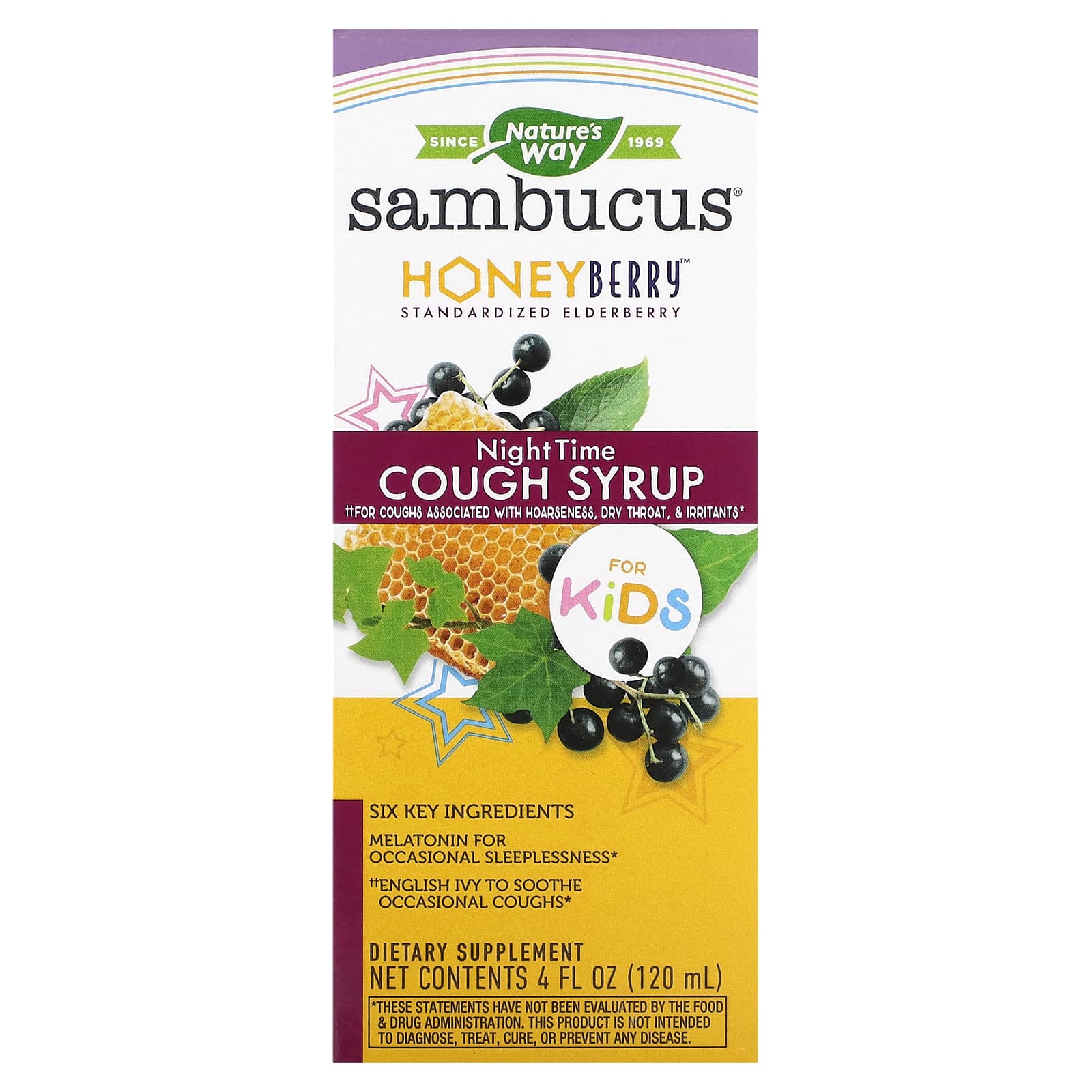 Nature's Way-Sambucus for Kids- HoneyBerry NightTime Cough Syrup-4 fl oz (120 ml)