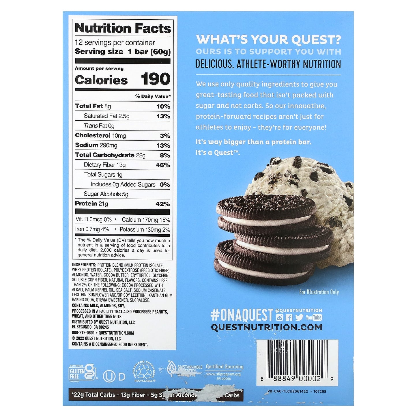 Quest Nutrition, Protein Bar, Cookies & Cream, 12 Bars, 2.12 oz (60 g) Each