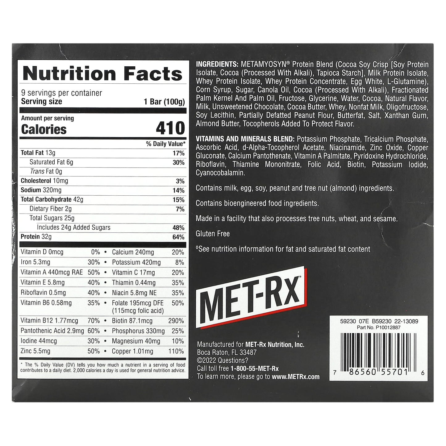 MET-Rx, Big 100, Meal Replacement Bar, Super Cookie Crunch, 9 Bars, 3.52 oz (100 g) Each