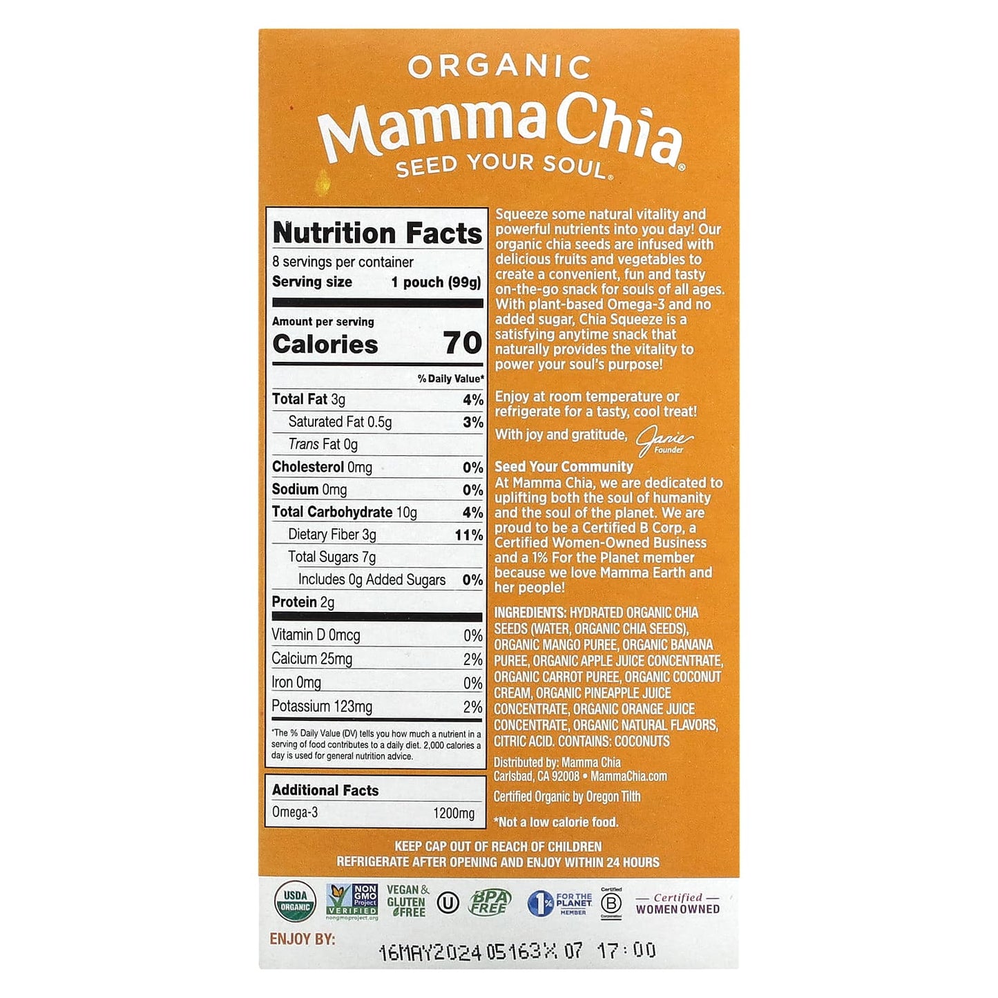 Mamma Chia, Organic Chia Squeeze, Vitality Snack, Mango Coconut, 8 Squeezes, 3.5 oz (99 g) Each