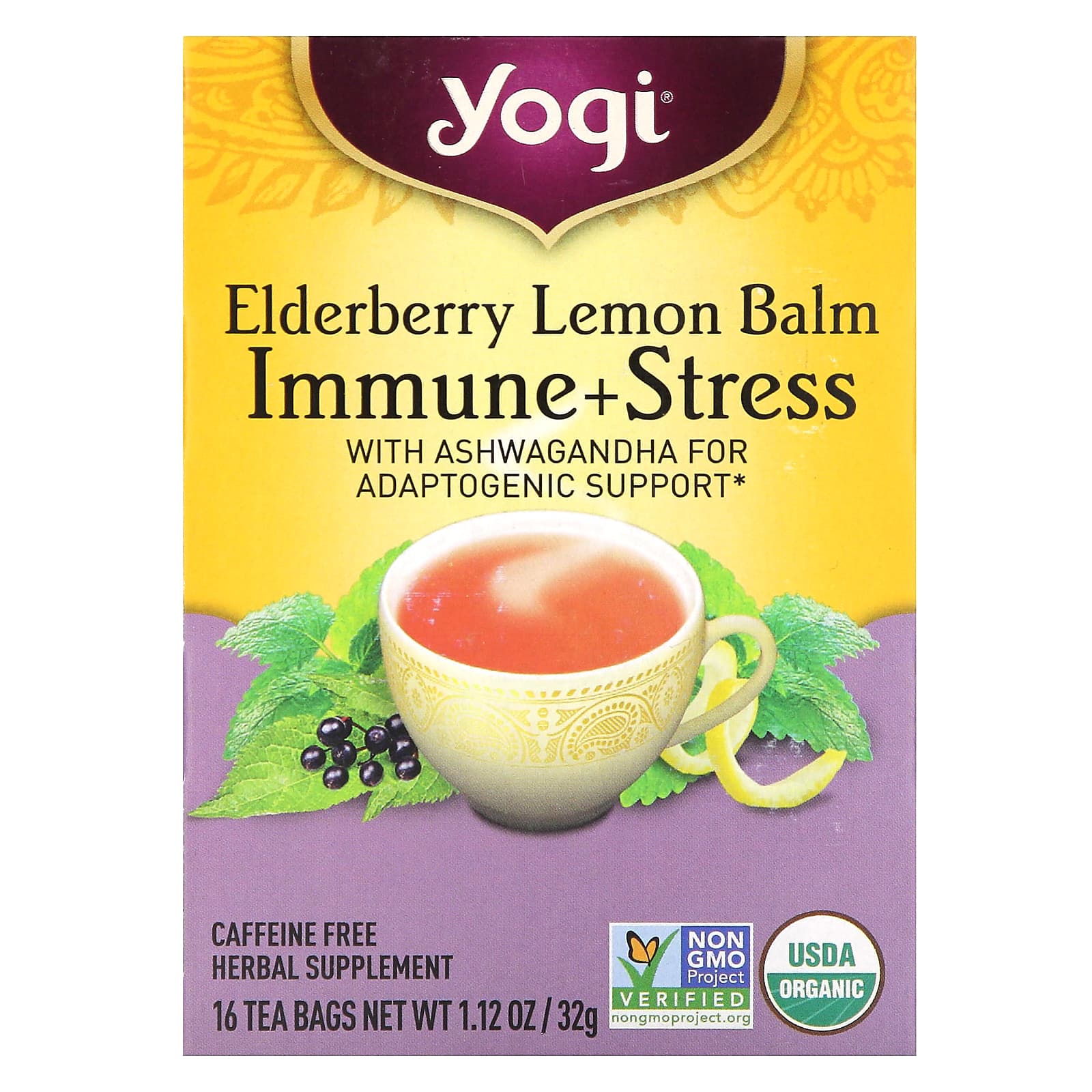 Yogi Tea-Immune + Stress-Elderberry Lemon Balm-Caffeine Free-16 Tea Bags-1.12 oz (32 g)