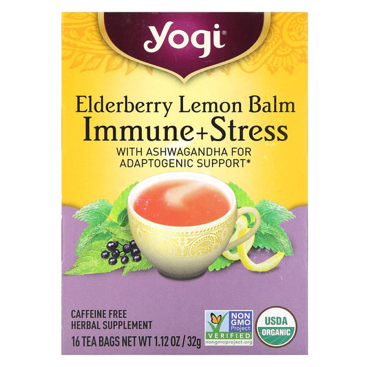 Yogi Tea-Immune + Stress-Elderberry Lemon Balm-Caffeine Free-16 Tea Bags-1.12 oz (32 g)